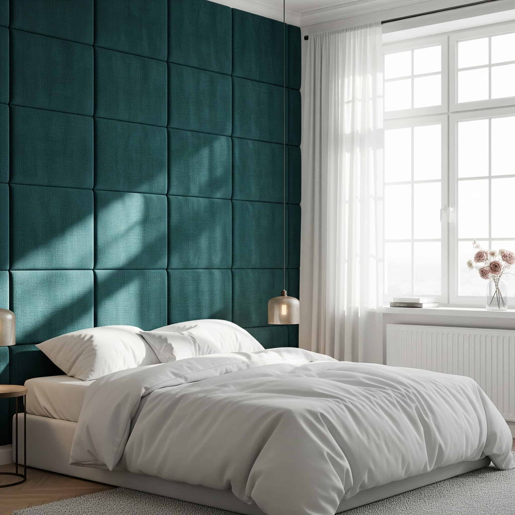 Bedroom with a luxurious fabric wall covering.