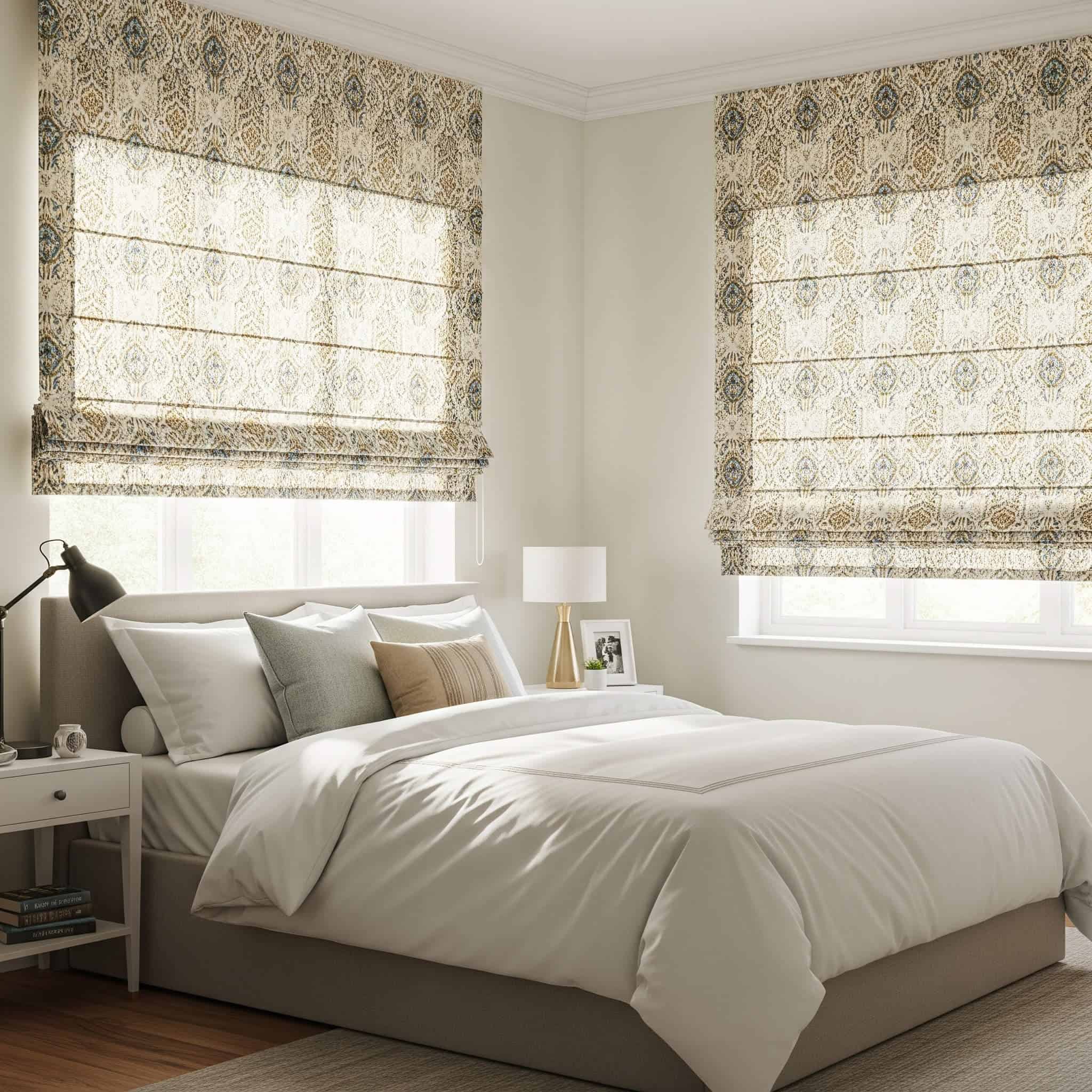 Cozy bedroom with patterned Roman shades