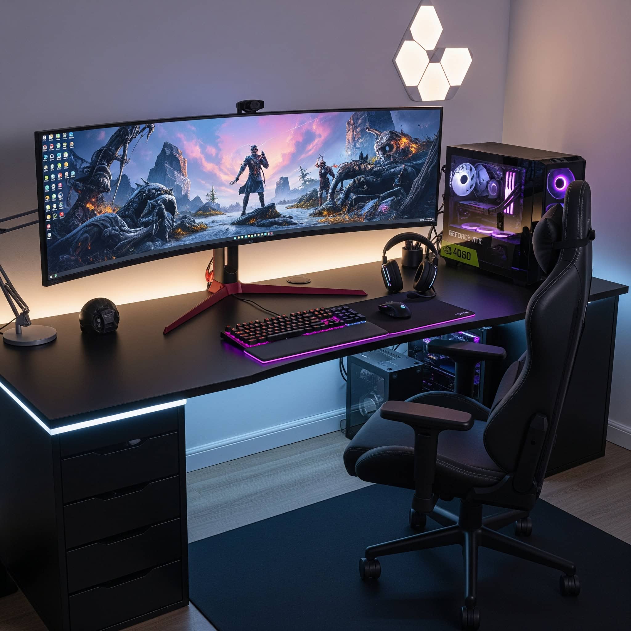 Build your setup around a massive ultra-wide or curved monitor for maximum gaming immersion and productivity benefits.