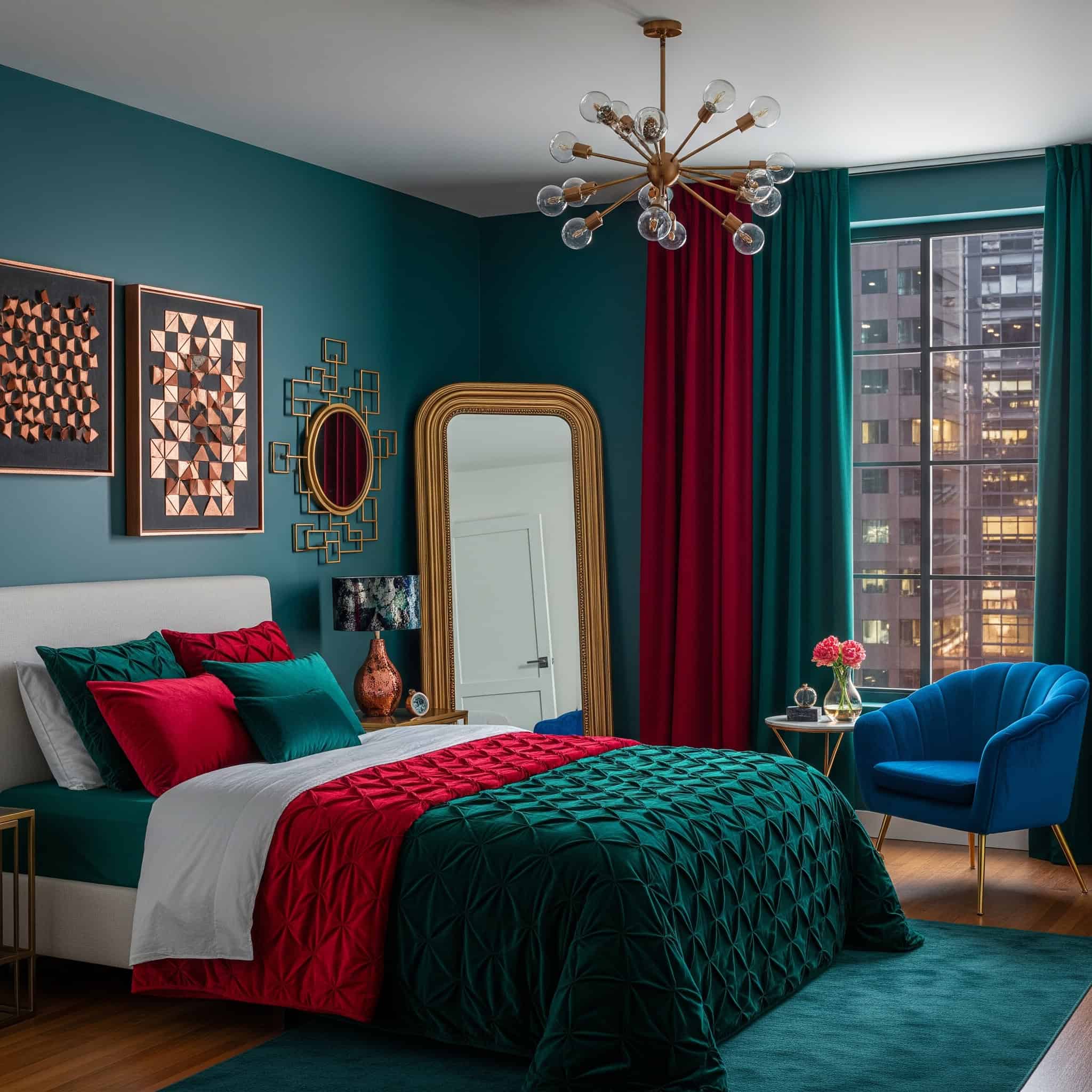 Urban bedroom with jewel tone color schemes and metallic accents.