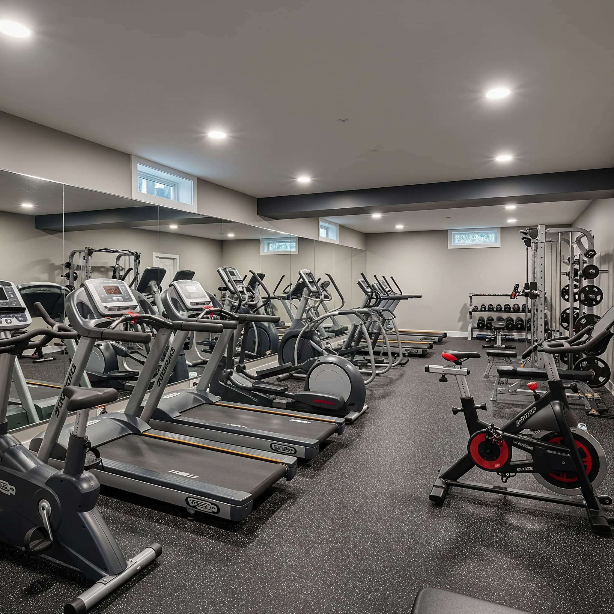 Well-lit basement gym, designed with a strong focus on cardio training.