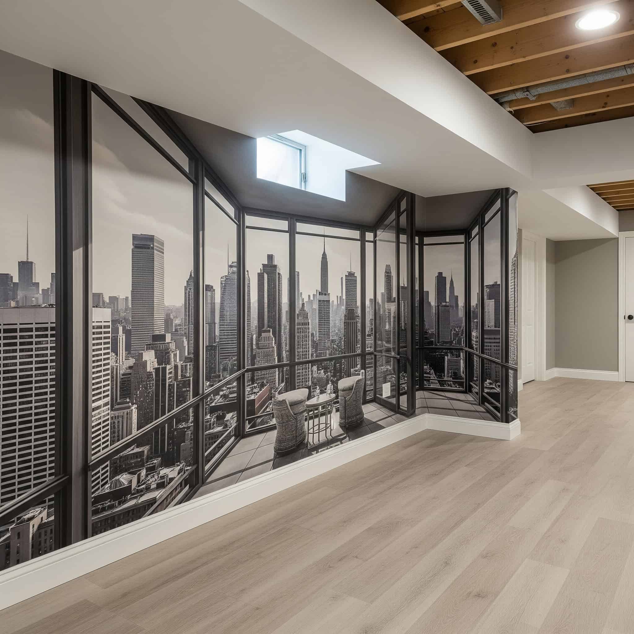 Trompe l’oeil wallpaper creates optical illusions that visually expand basement spaces.