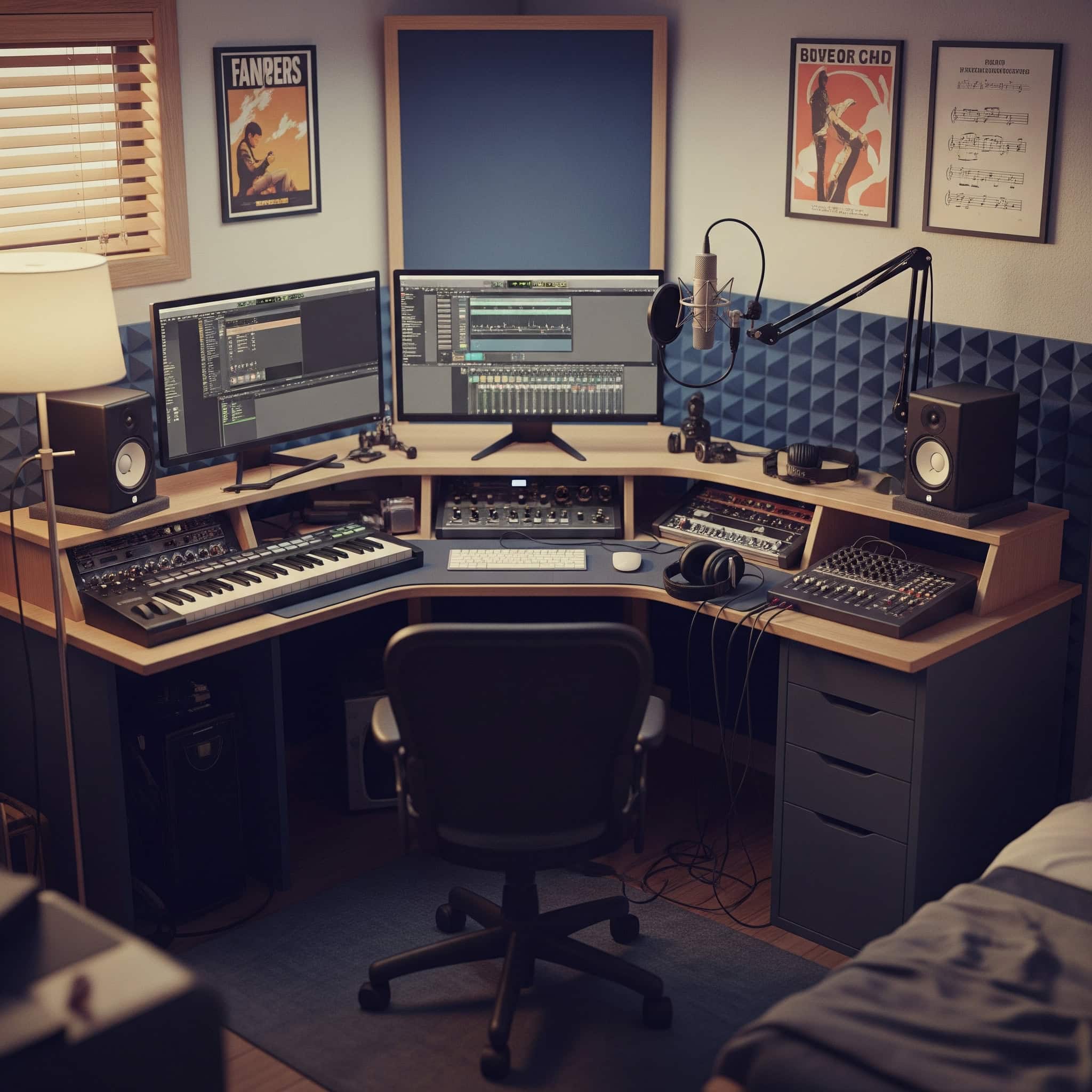 Corner workstation setups in a bedroom recording studio
