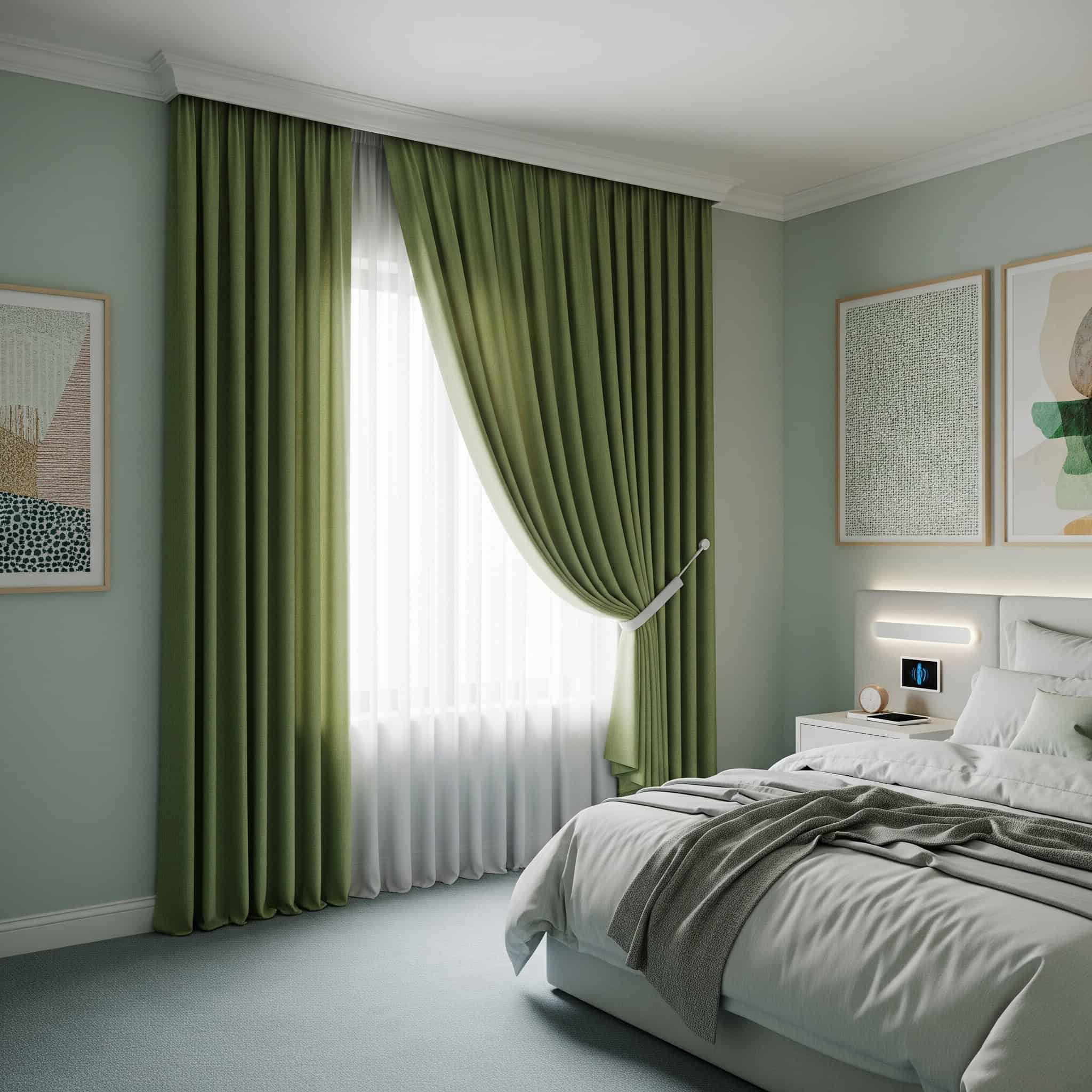 A serene 2025 bedroom with stylish, deep green curtains