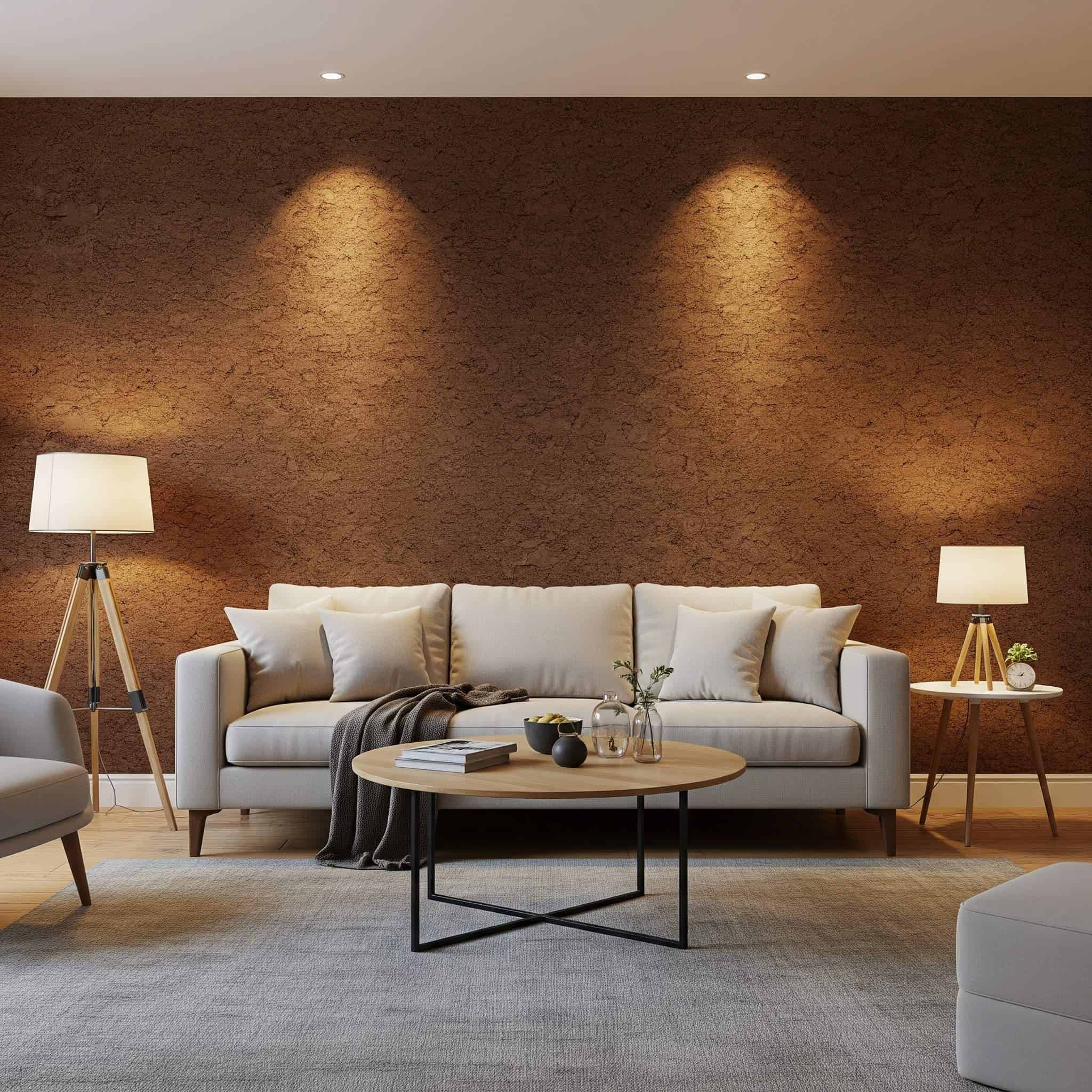 Cork-look wallpaper brings warmth and acoustic benefits.