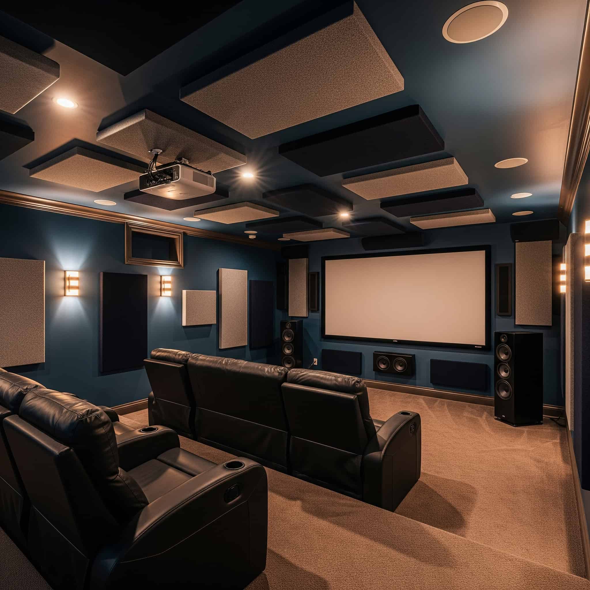 Meticulously designed basement home theater with acoustic treatment panels