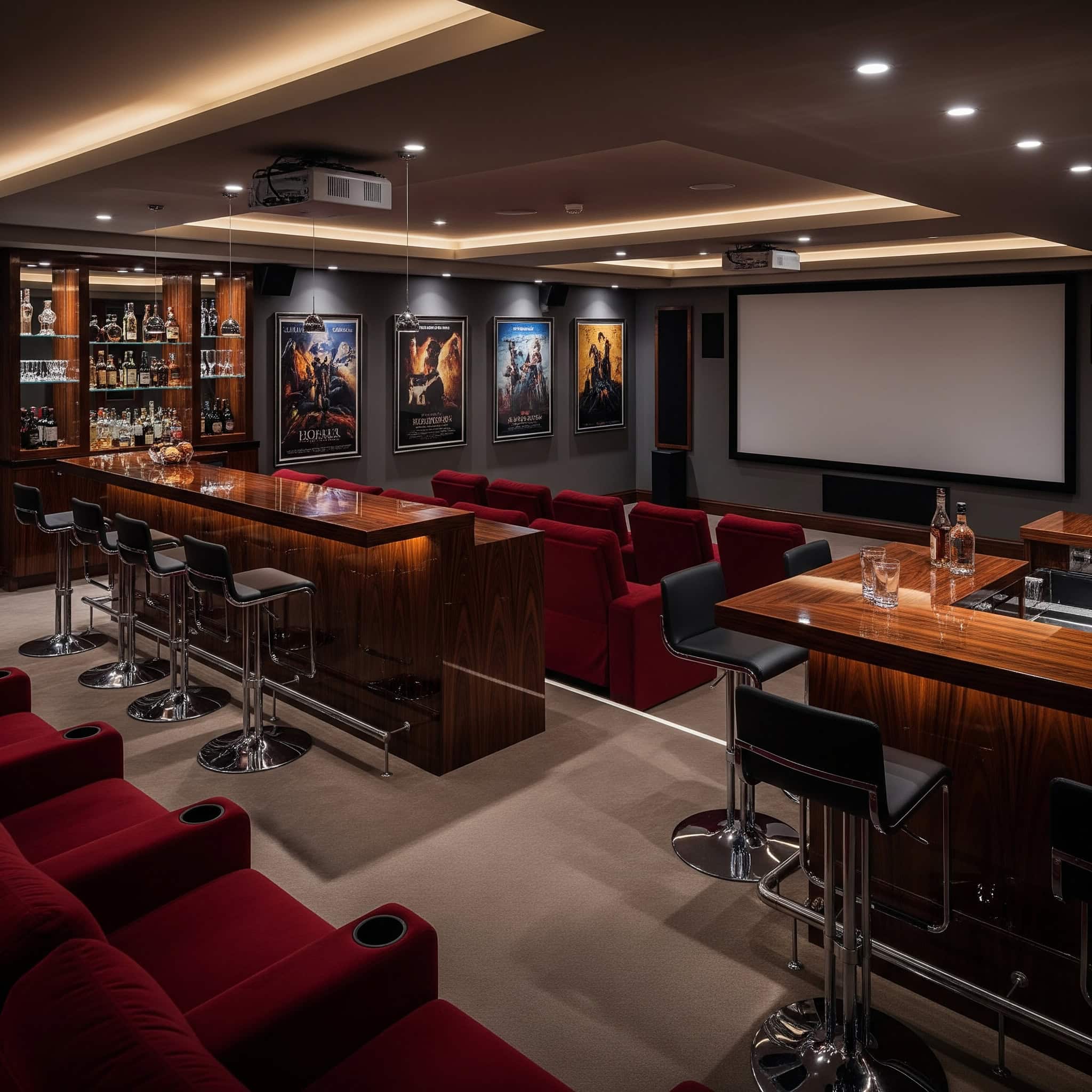 Luxurious basement home theater with a stylish bar area