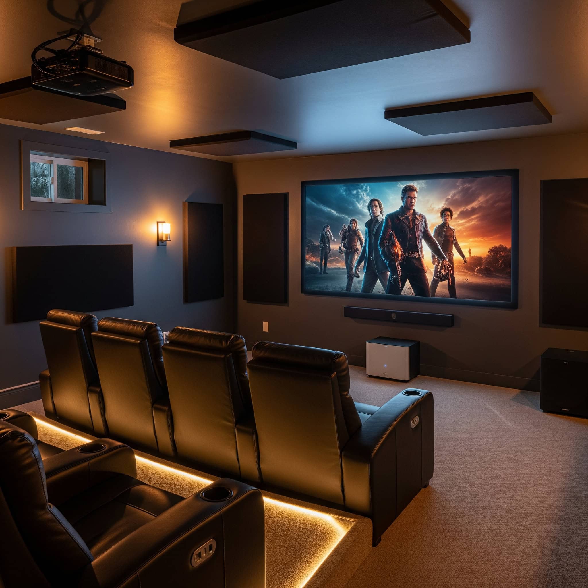 Cozy basement home theater with soundbar and wireless subwoofer.