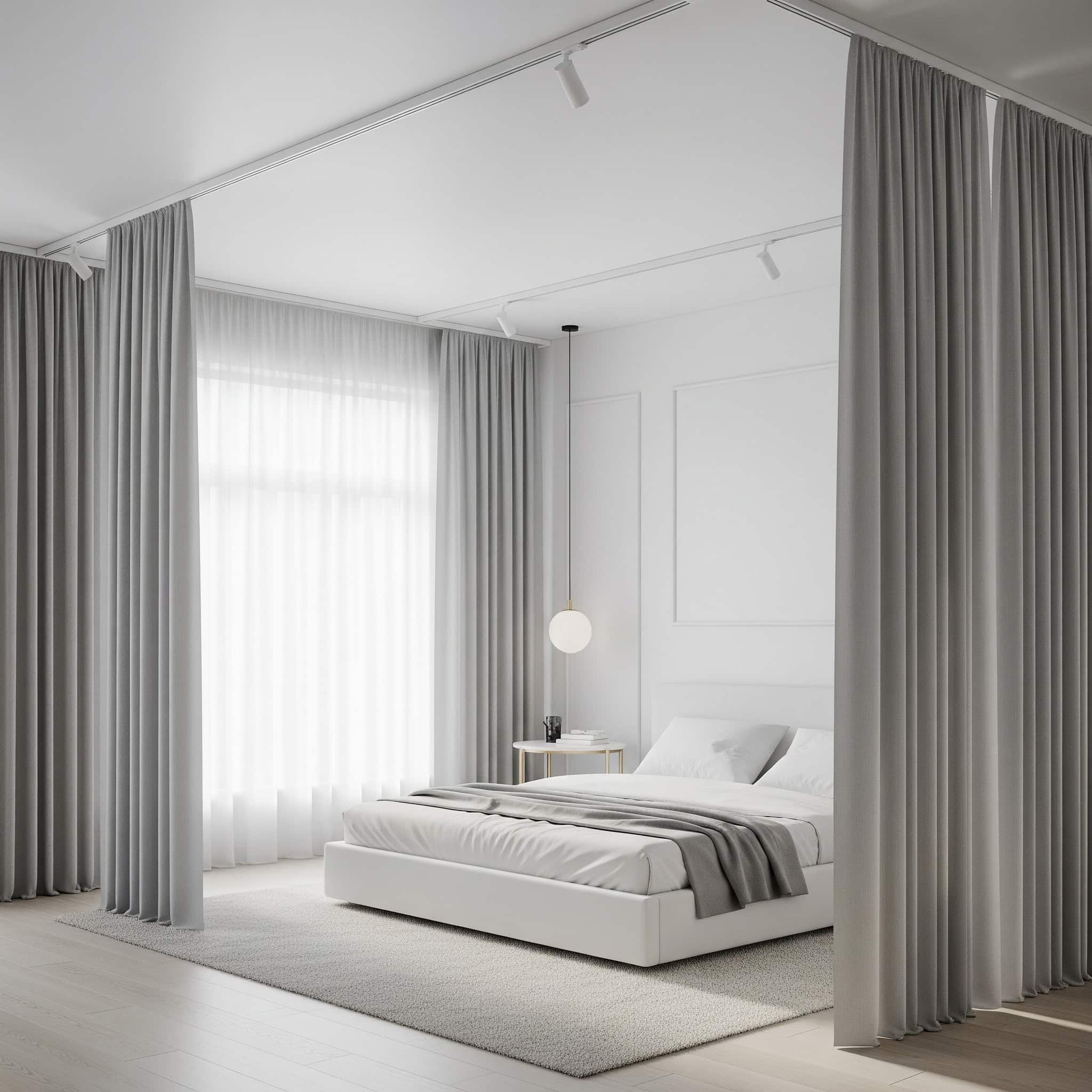 Modern bedroom with ceiling-mounted curtain tracks