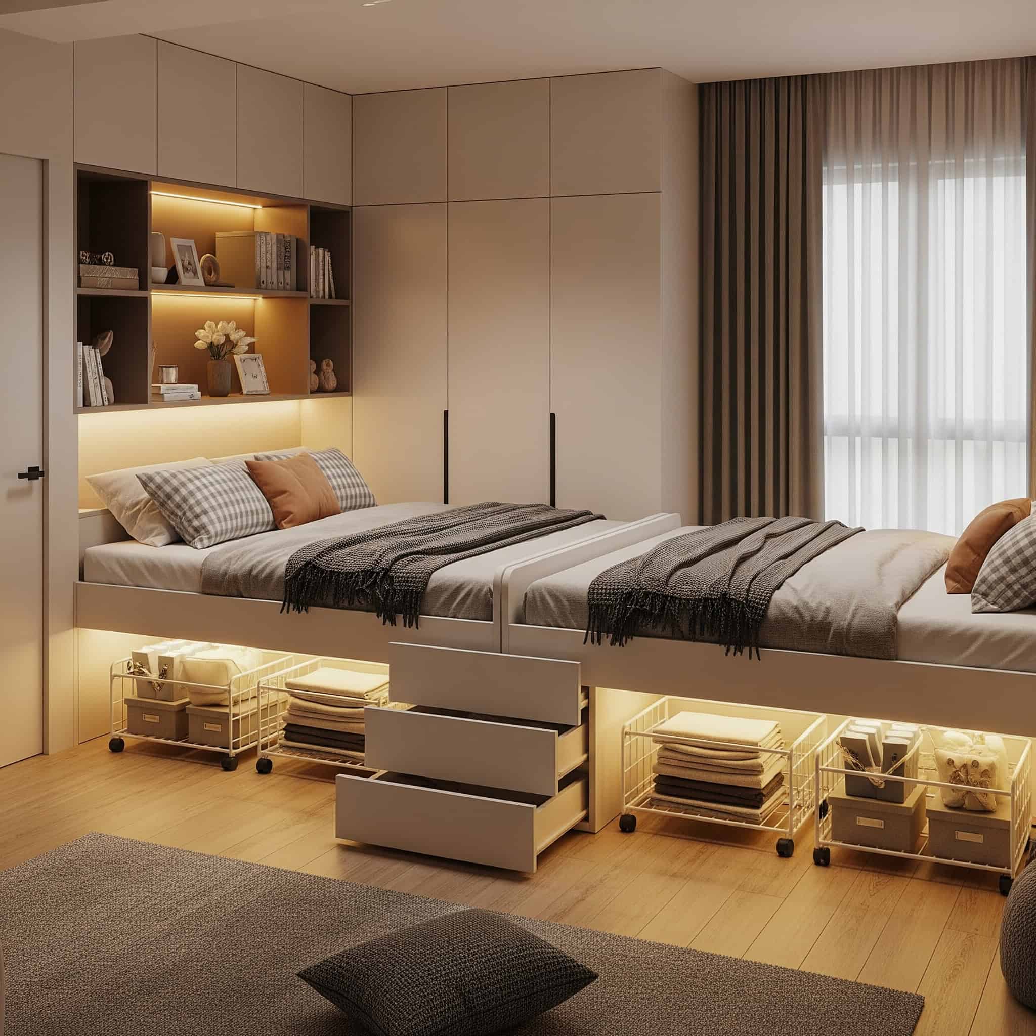 Shared bedroom with under-bed rolling storage systems.