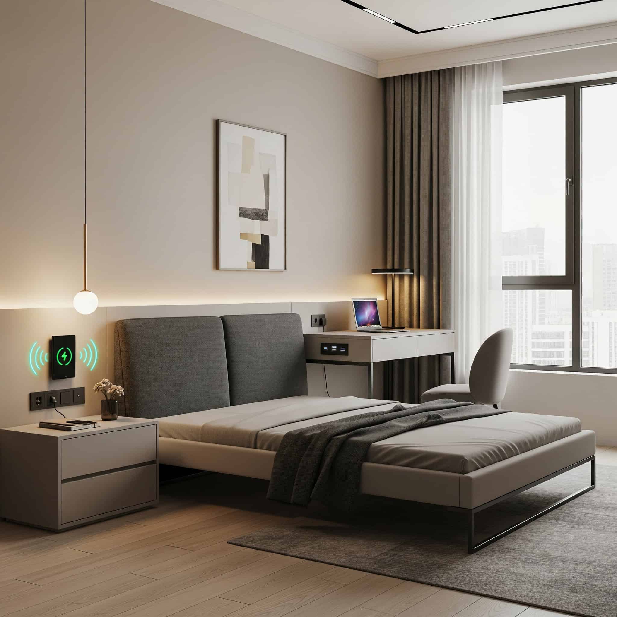 Urban bedroom with wireless charging furniture and built-in USB ports.