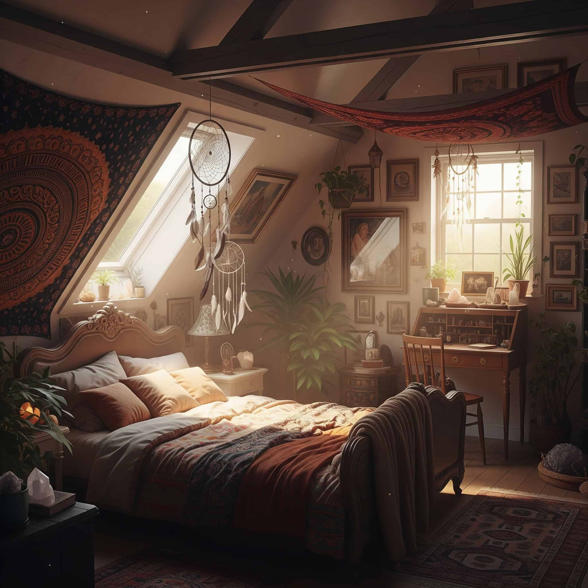 Bohemian sanctuary in an attic bedroom