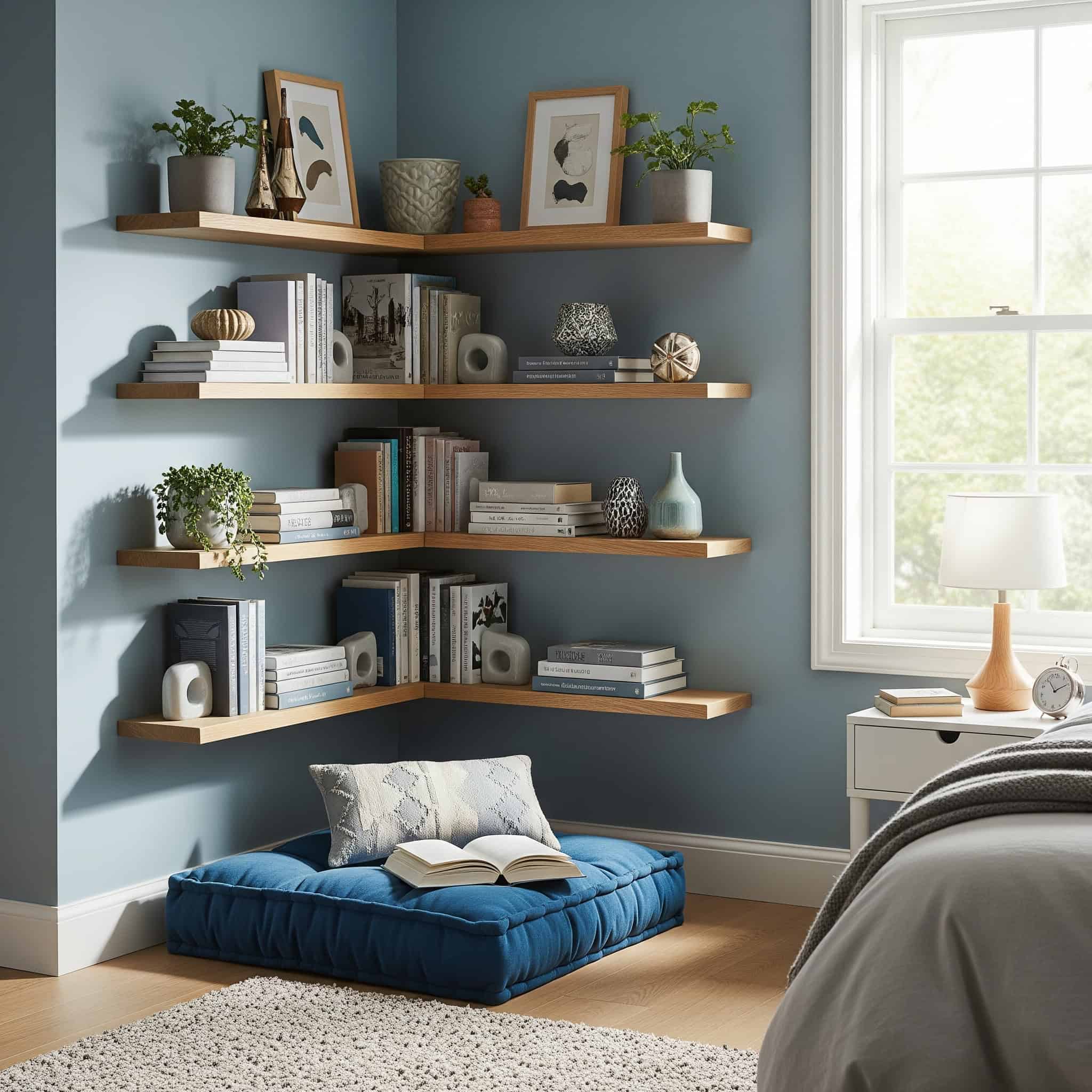 Corner floating shelves with floor cushion in a bedroom reading nook.