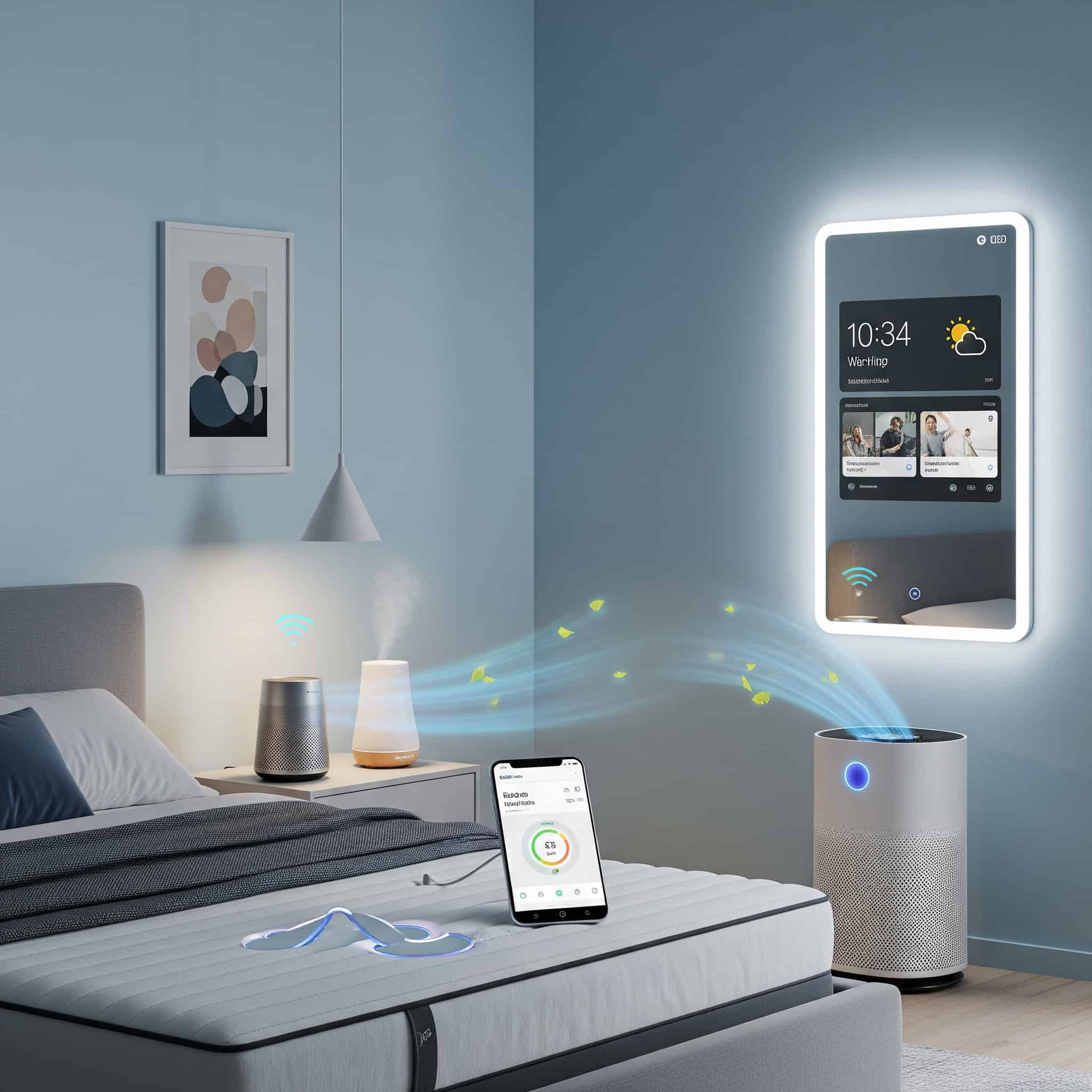 Smart technology and wellness features in bedroom.