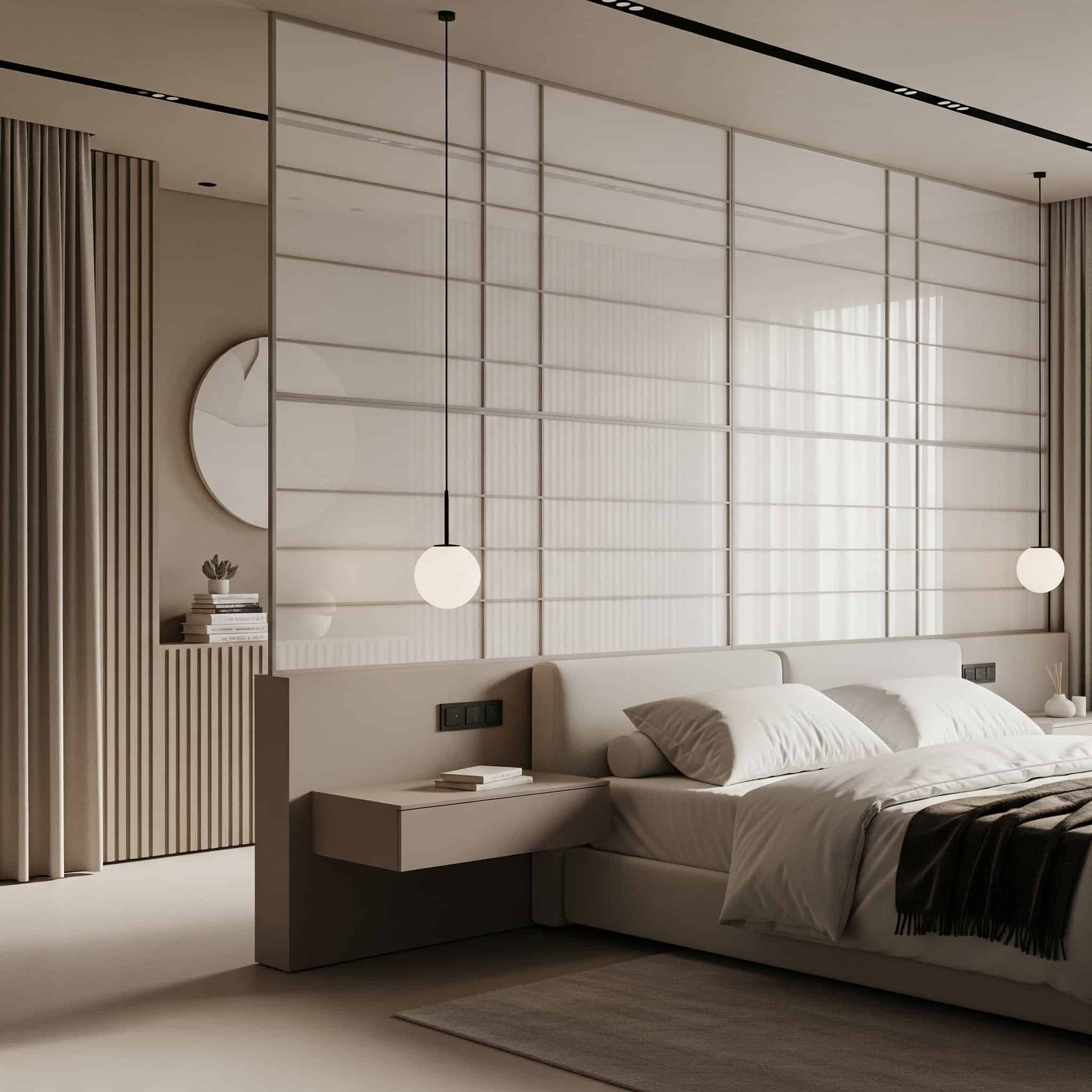 A modern 2025 bedroom with sheer layered panel