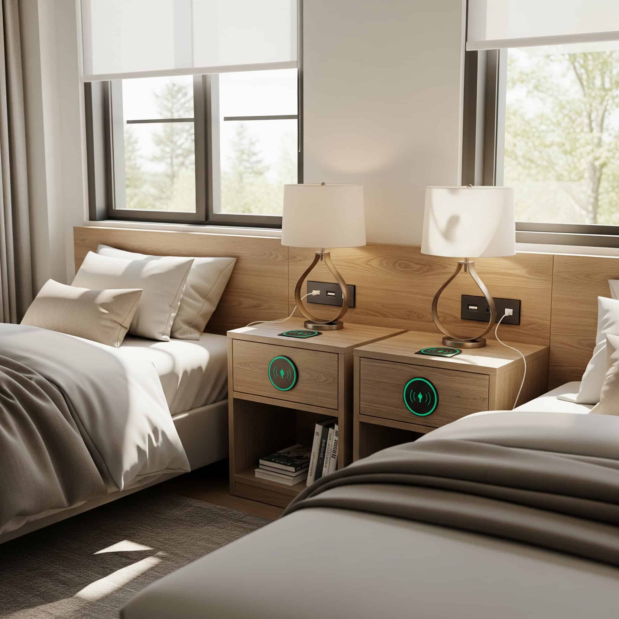 Shared bedroom with bedside tables with charging stations