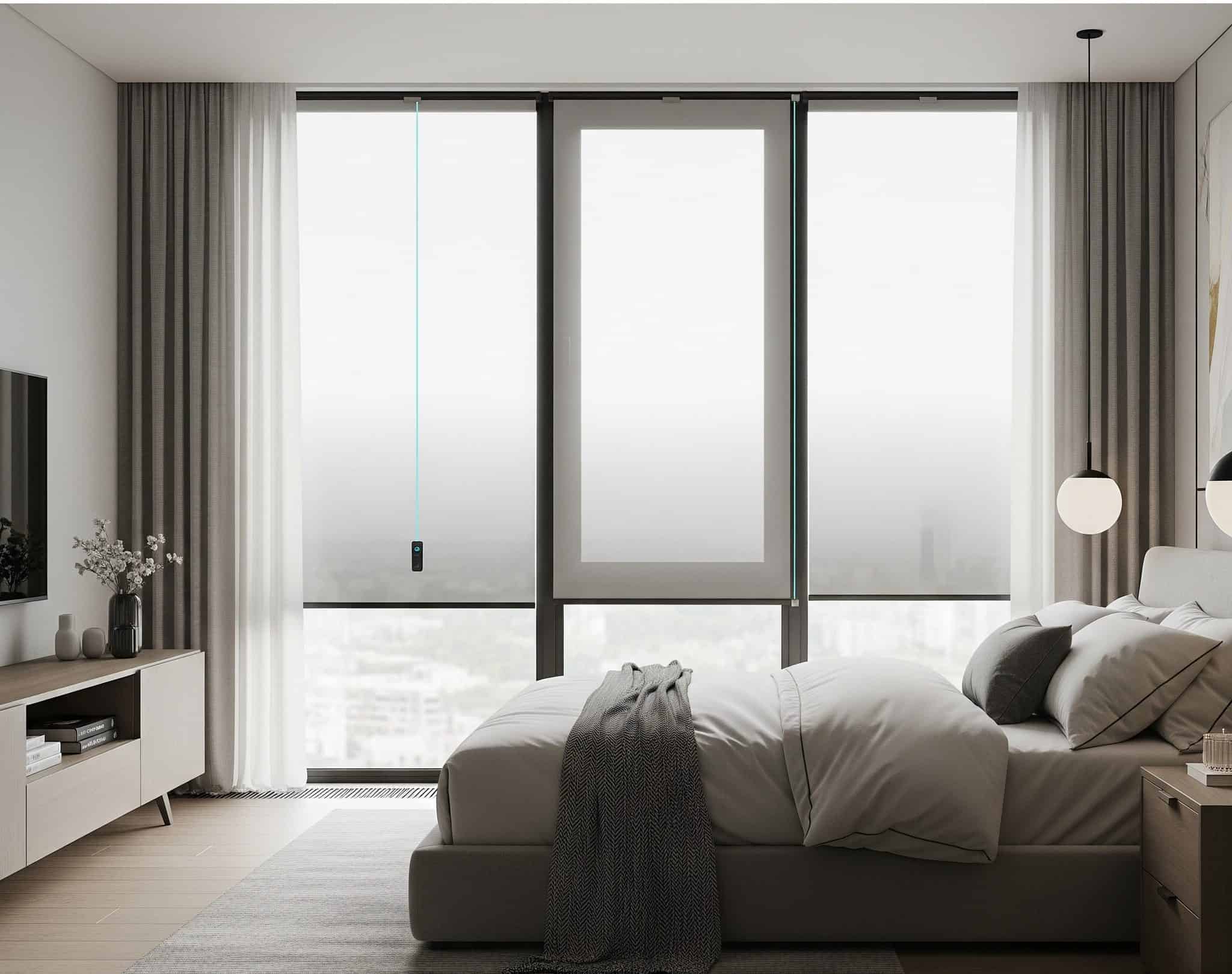 Serene bedroom with smart privacy glass window treatments