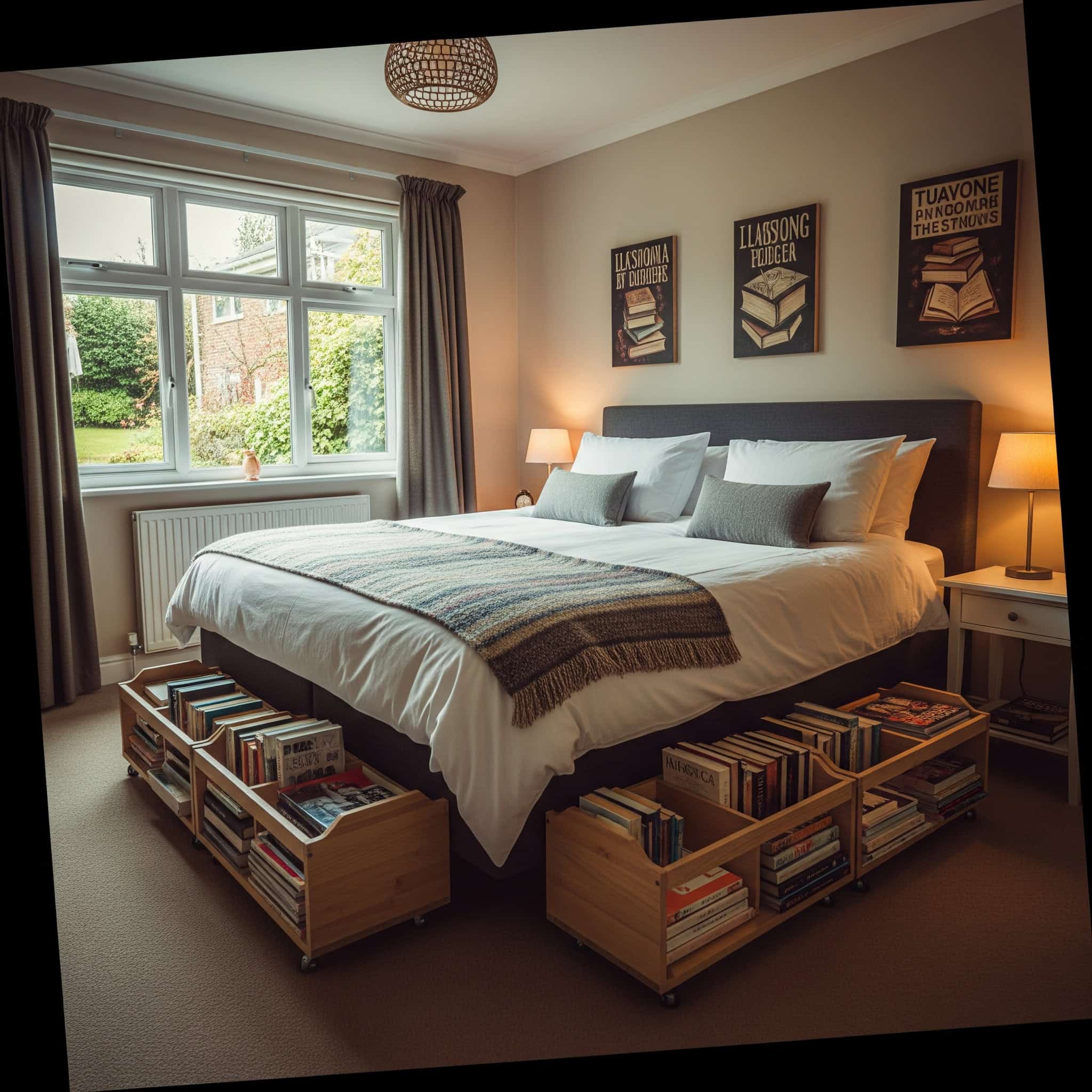 A cozy bedroom featuring a bed with wooden rolling carts underneath, providing hidden storage for books.