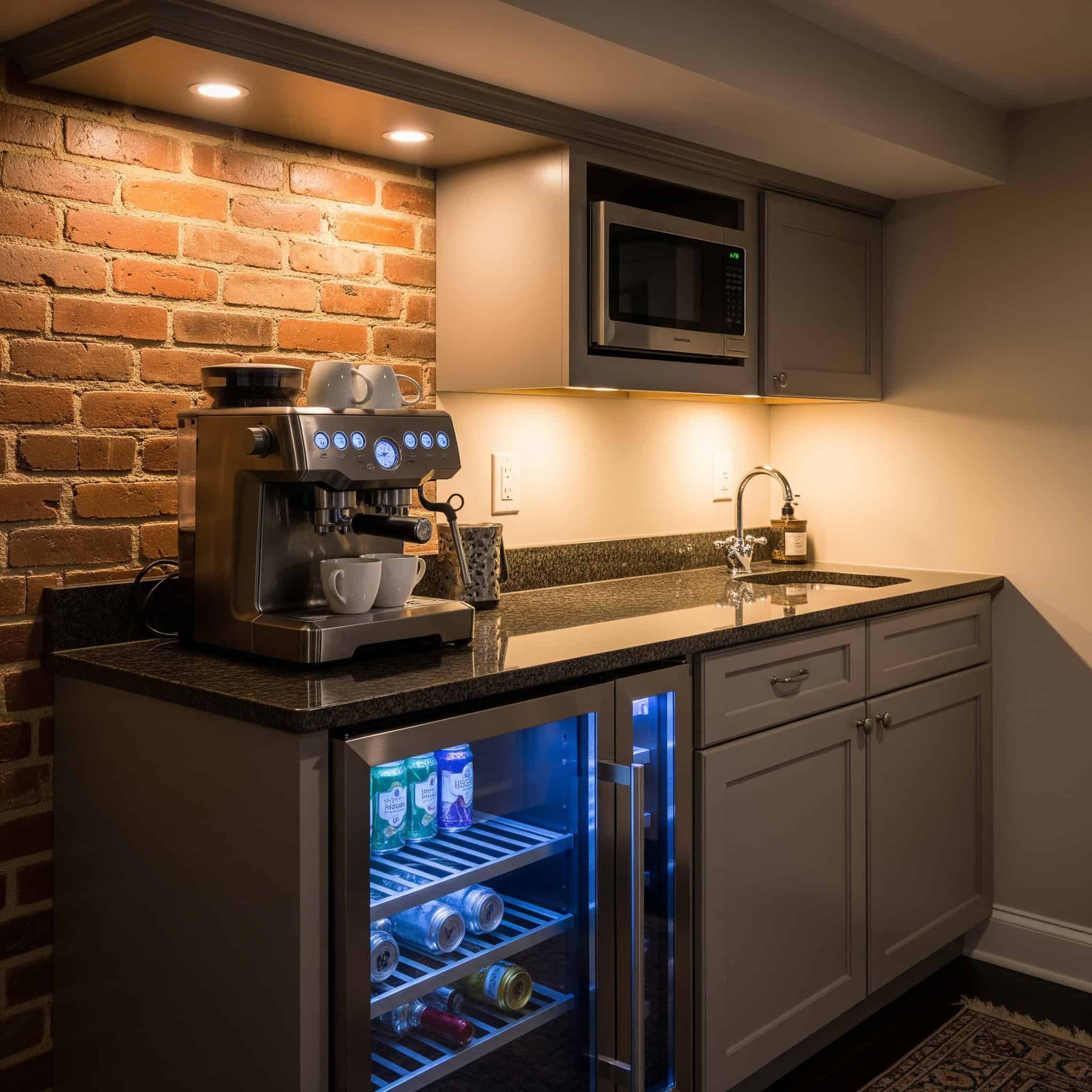 Built-in coffee and beverage station in a basement kitchenette.