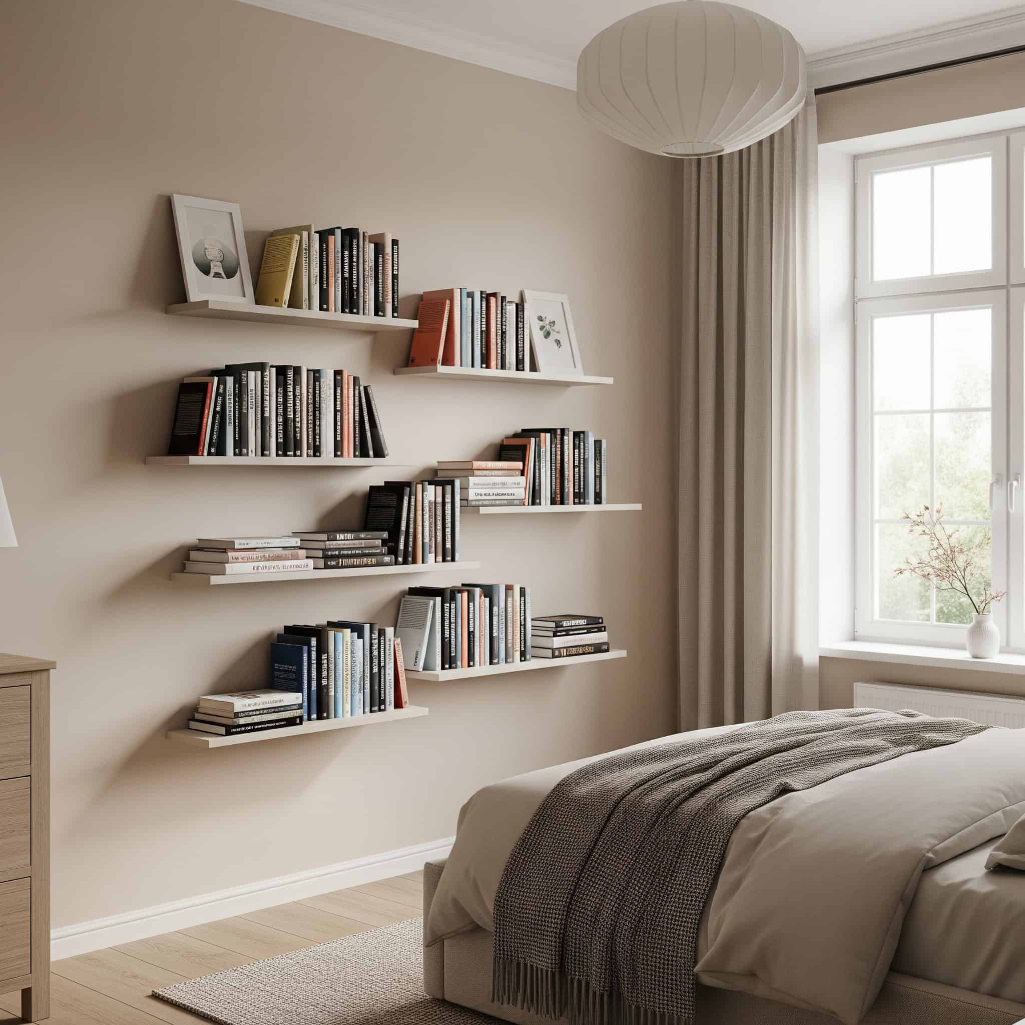 A minimalist bedroom with picture ledges displaying colorful hardback books, softly lit by natural light.