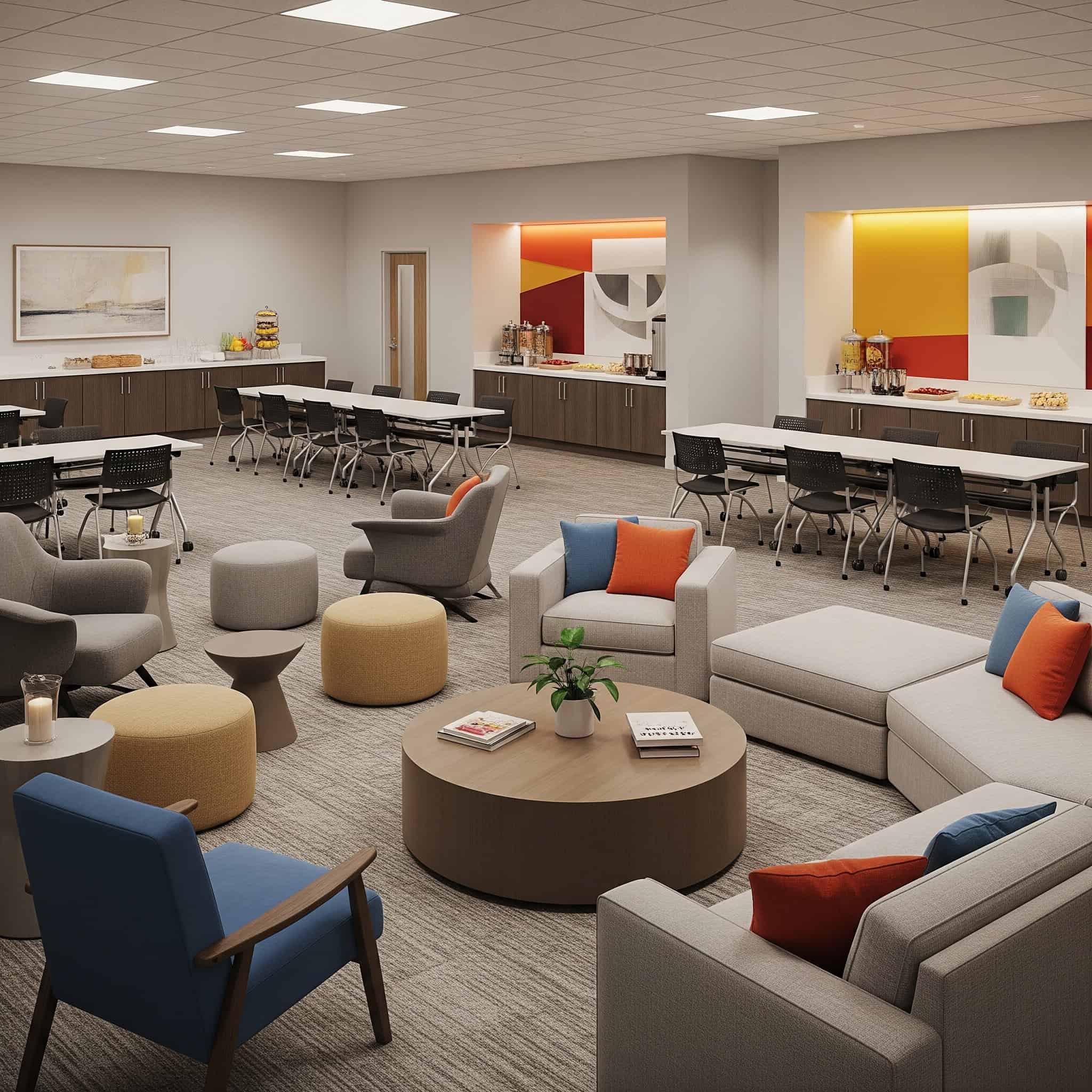 Create a welcoming space for group gatherings with comfortable seating arrangements, excellent lighting for reading, refreshment stations, and flexible furniture configurations for different discussion formats