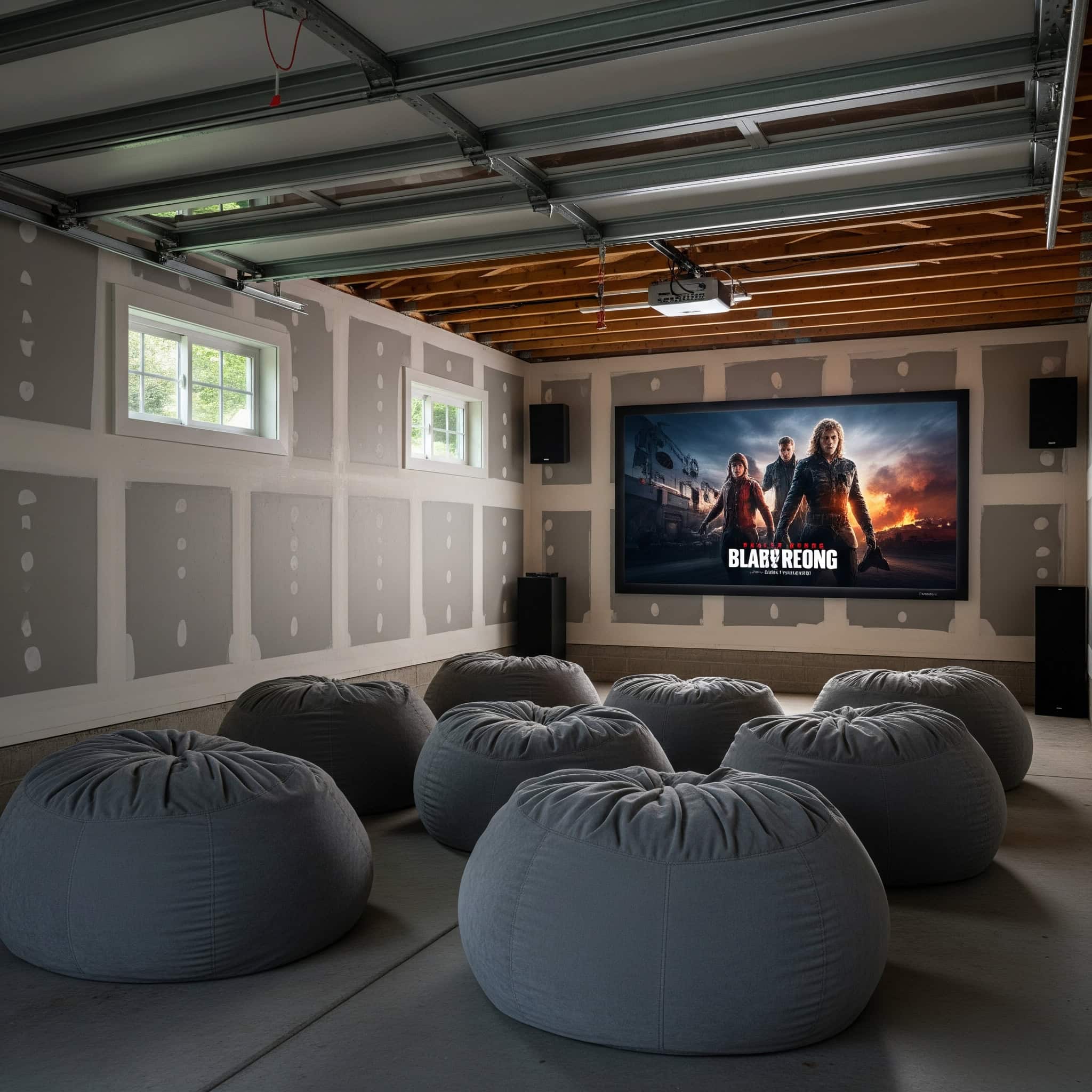 Bean bag theater in a garage home theater.