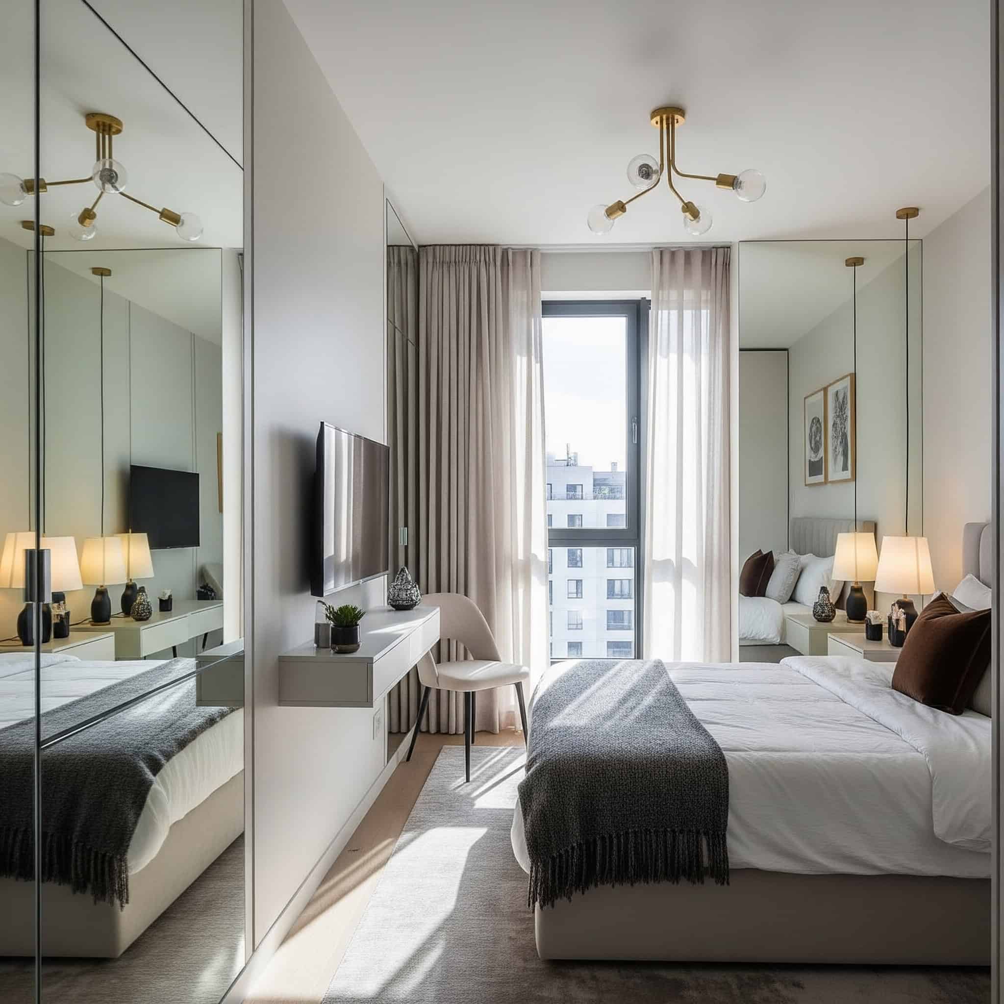 Urban bedroom with strategic mirror placement, light-colored walls, and layered lighting.
