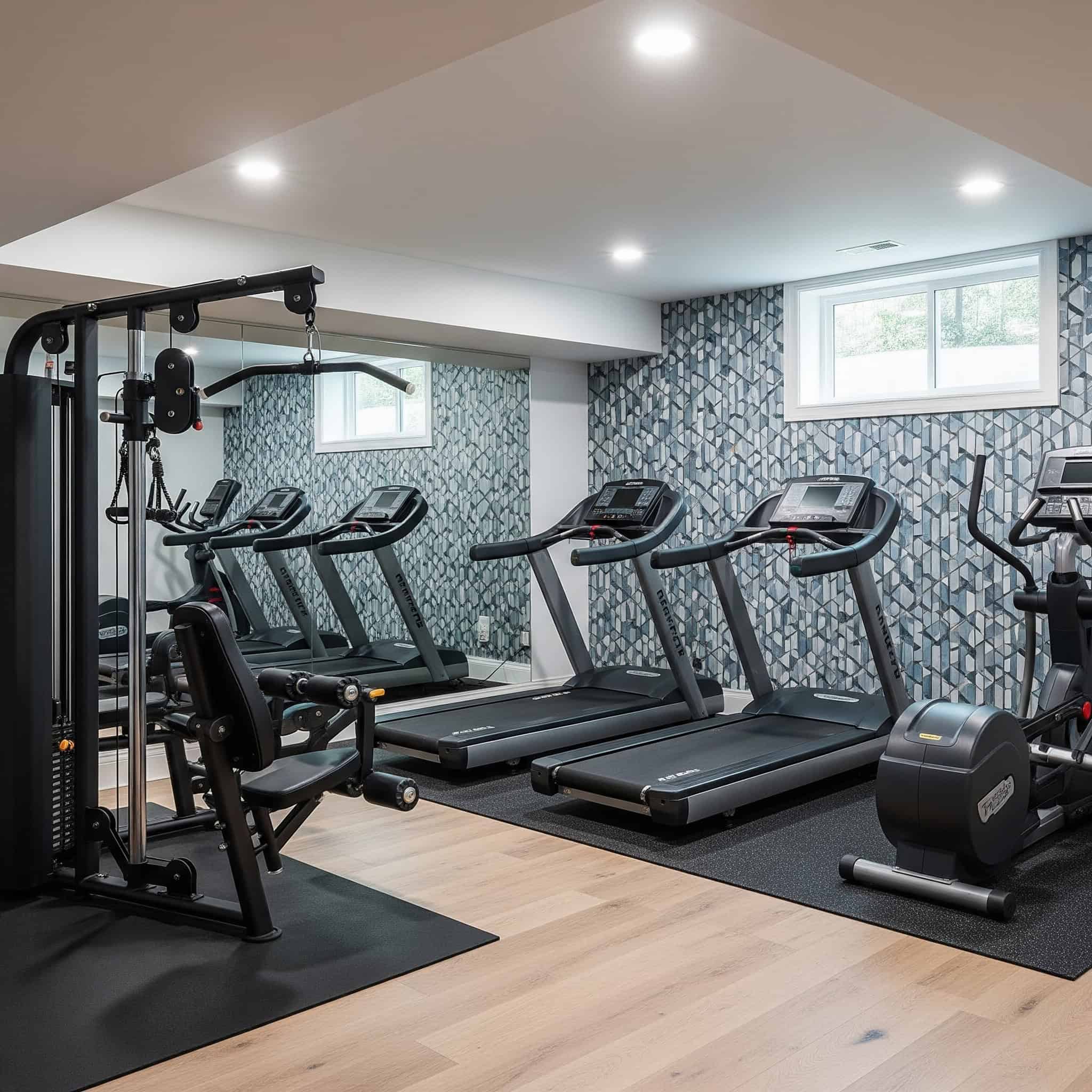 A transformed basement space with stylish wallpaper, highlighting a beautiful and functional area of the home.