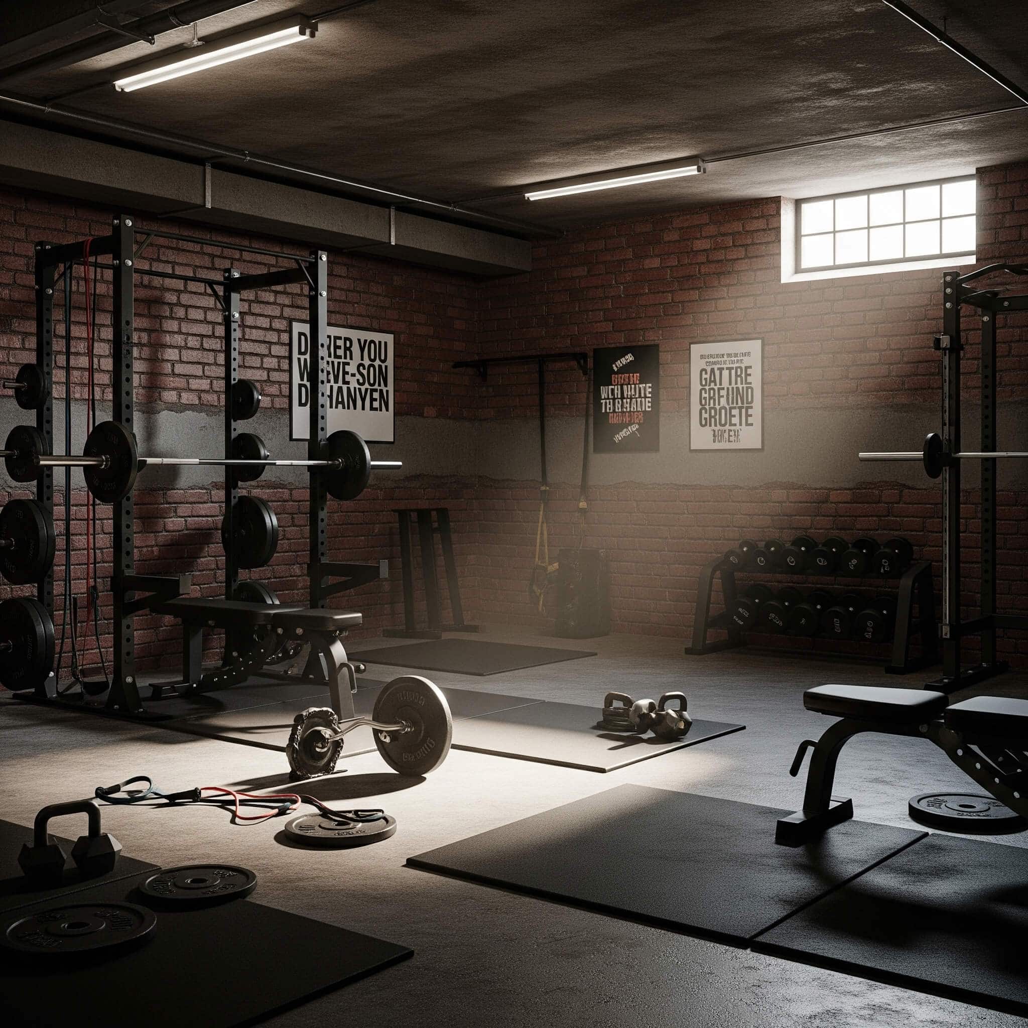 Basement gym with a raw concrete floor.