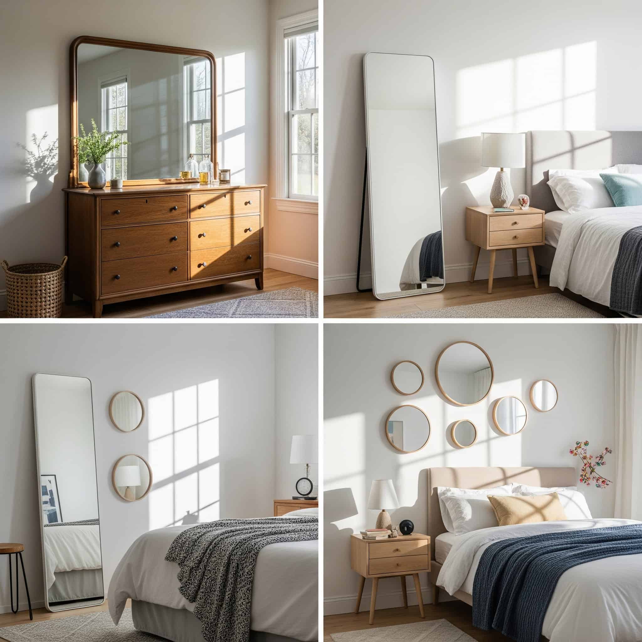 Bedroom with various mirror placement options reflecting light.