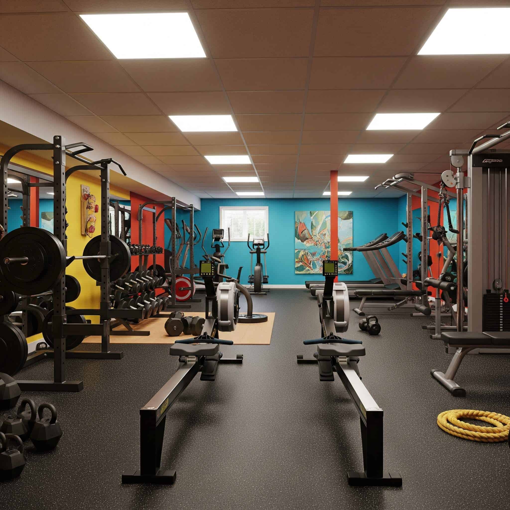 3D rendering of a basement gym design.