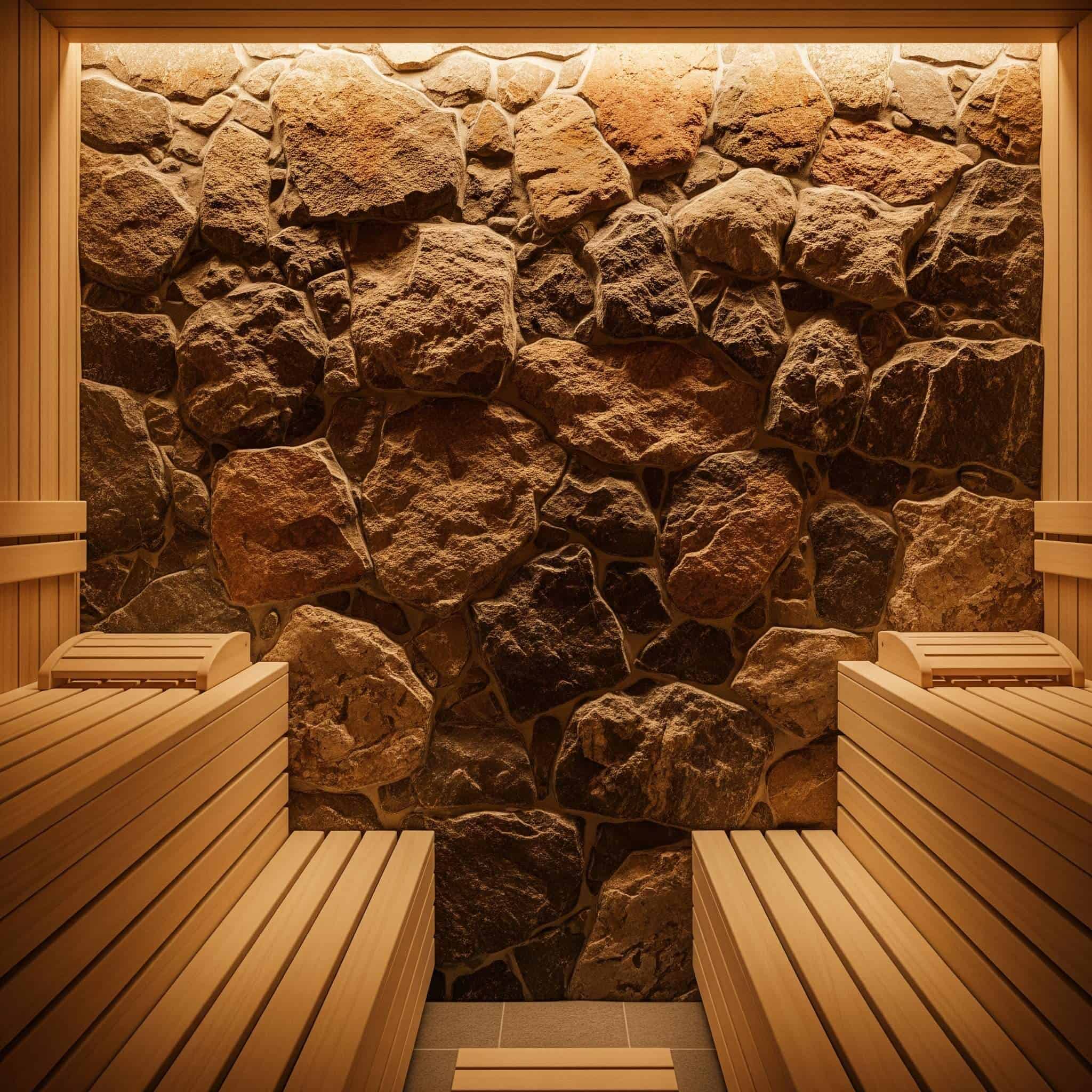  A basement sauna with a natural stone feature wall, showing the texture and heat-resistant properties of the stone.