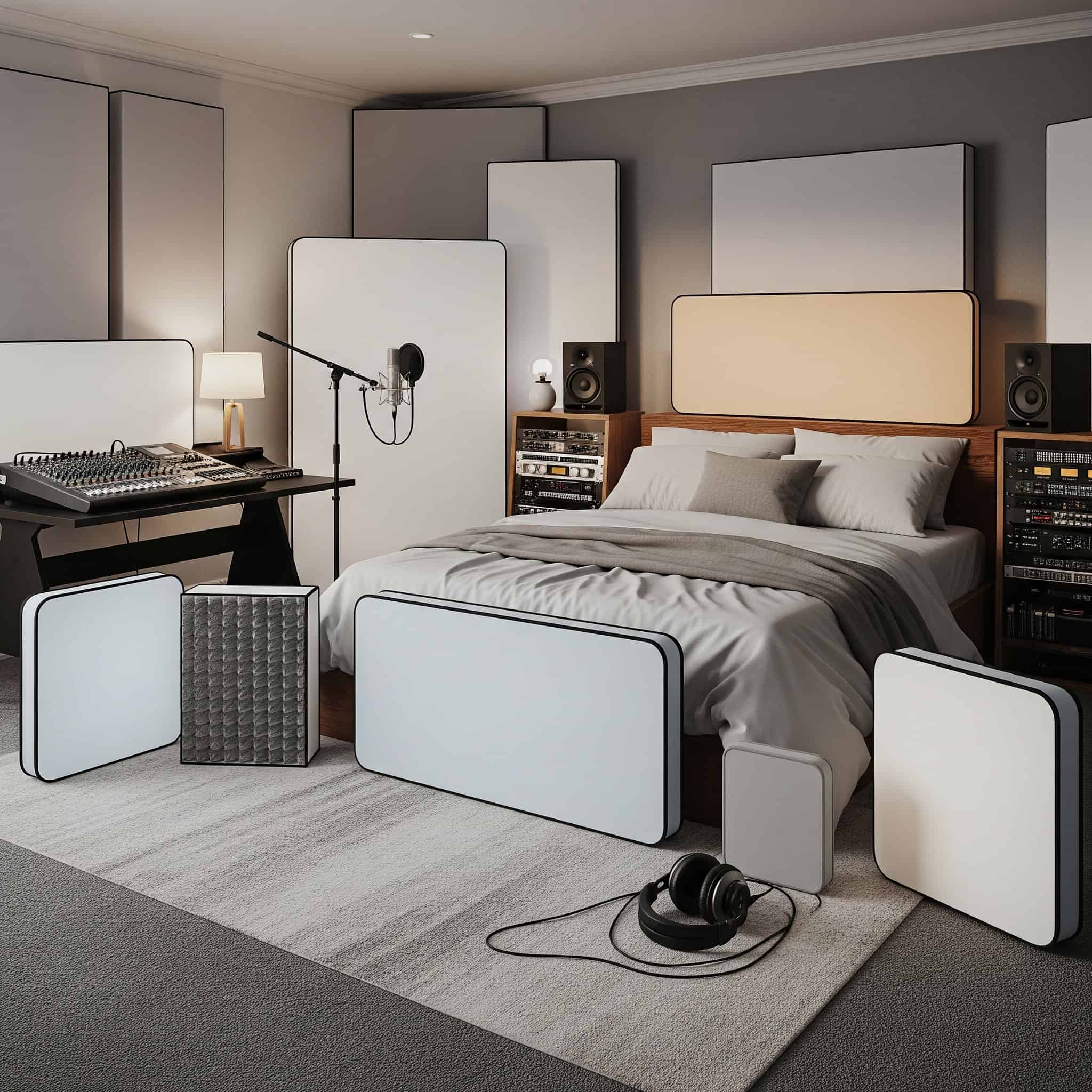 Portable reflection filters in a bedroom recording studio.