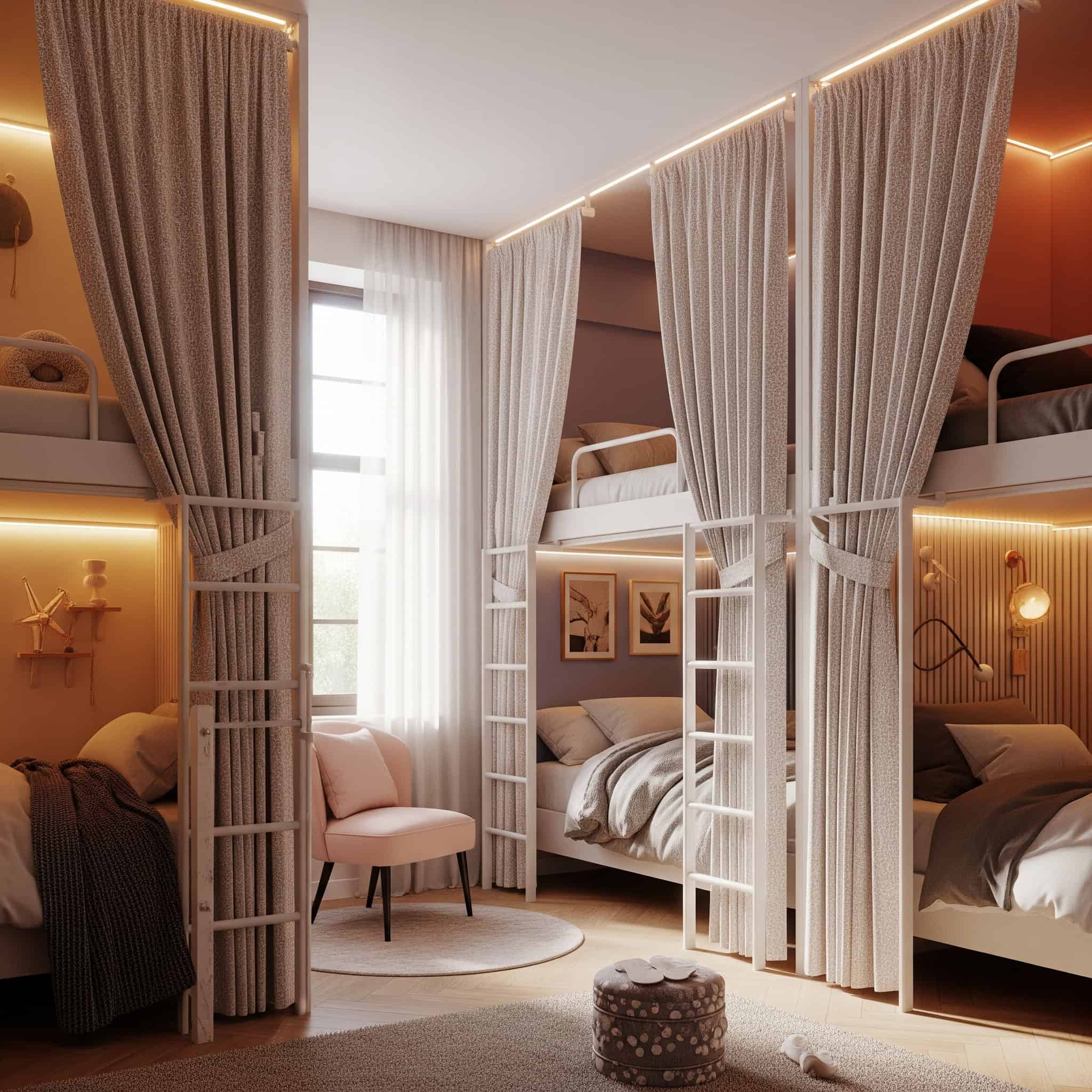 Shared bedroom with ceiling-mounted curtain dividers