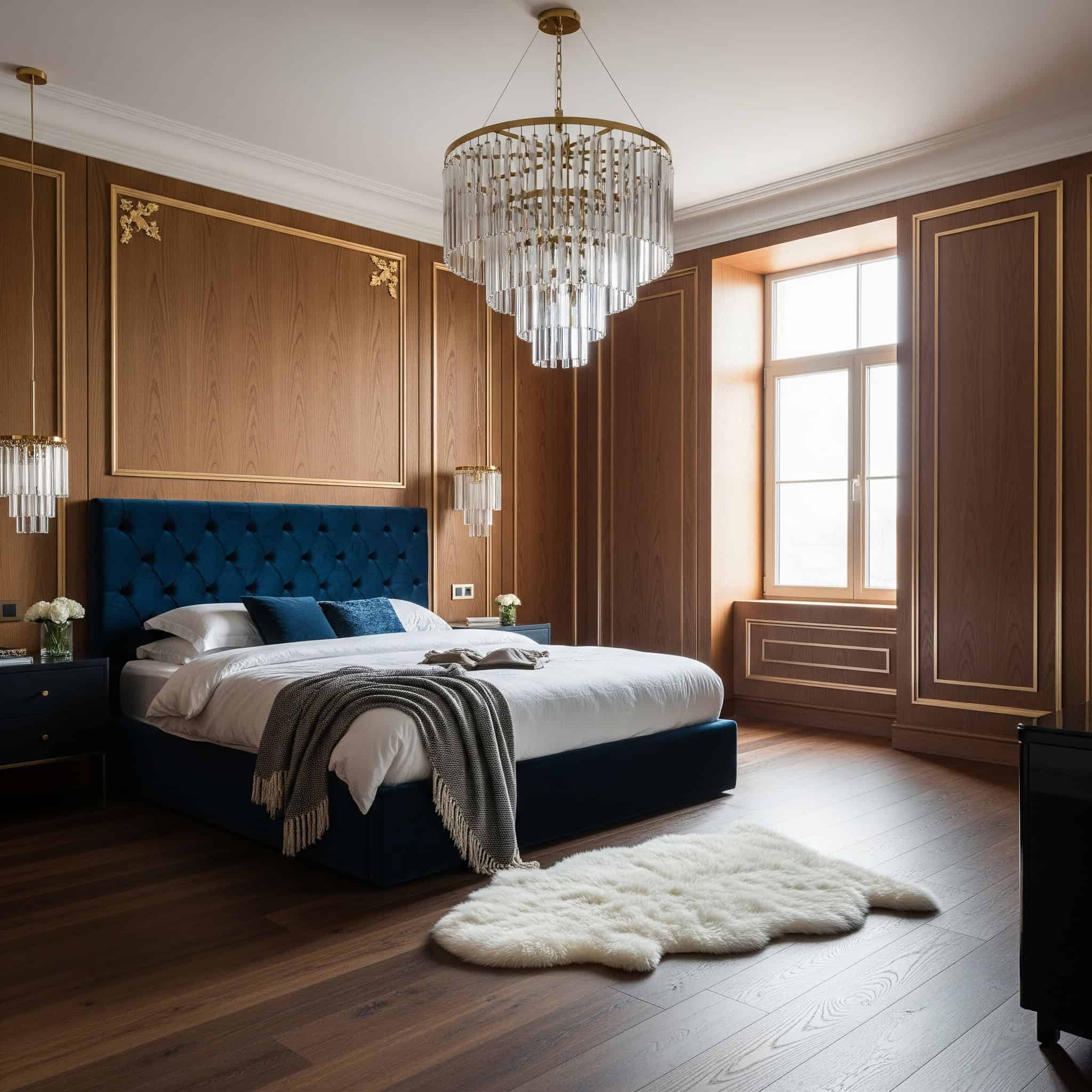  Luxurious finishes and materials in bedroom.