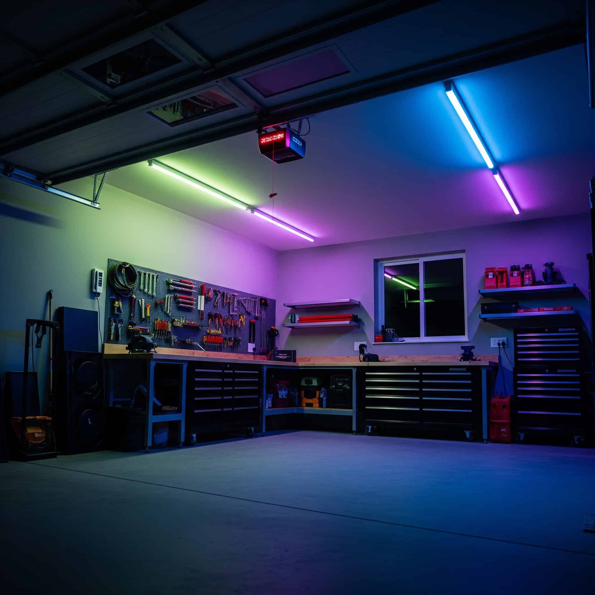 Color-changing LED garage lights in a garage.