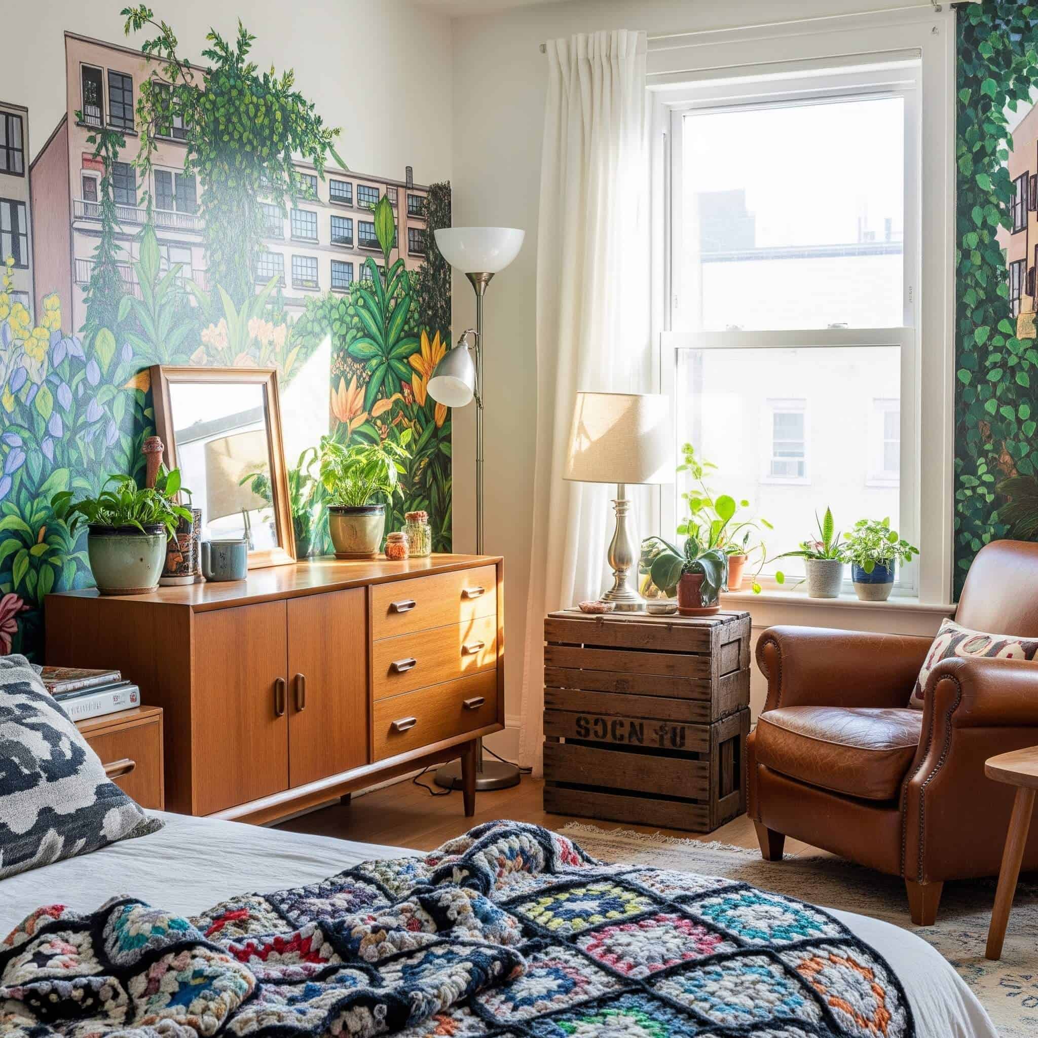 Urban bedroom with vintage furniture, promoting reuse and sustainability