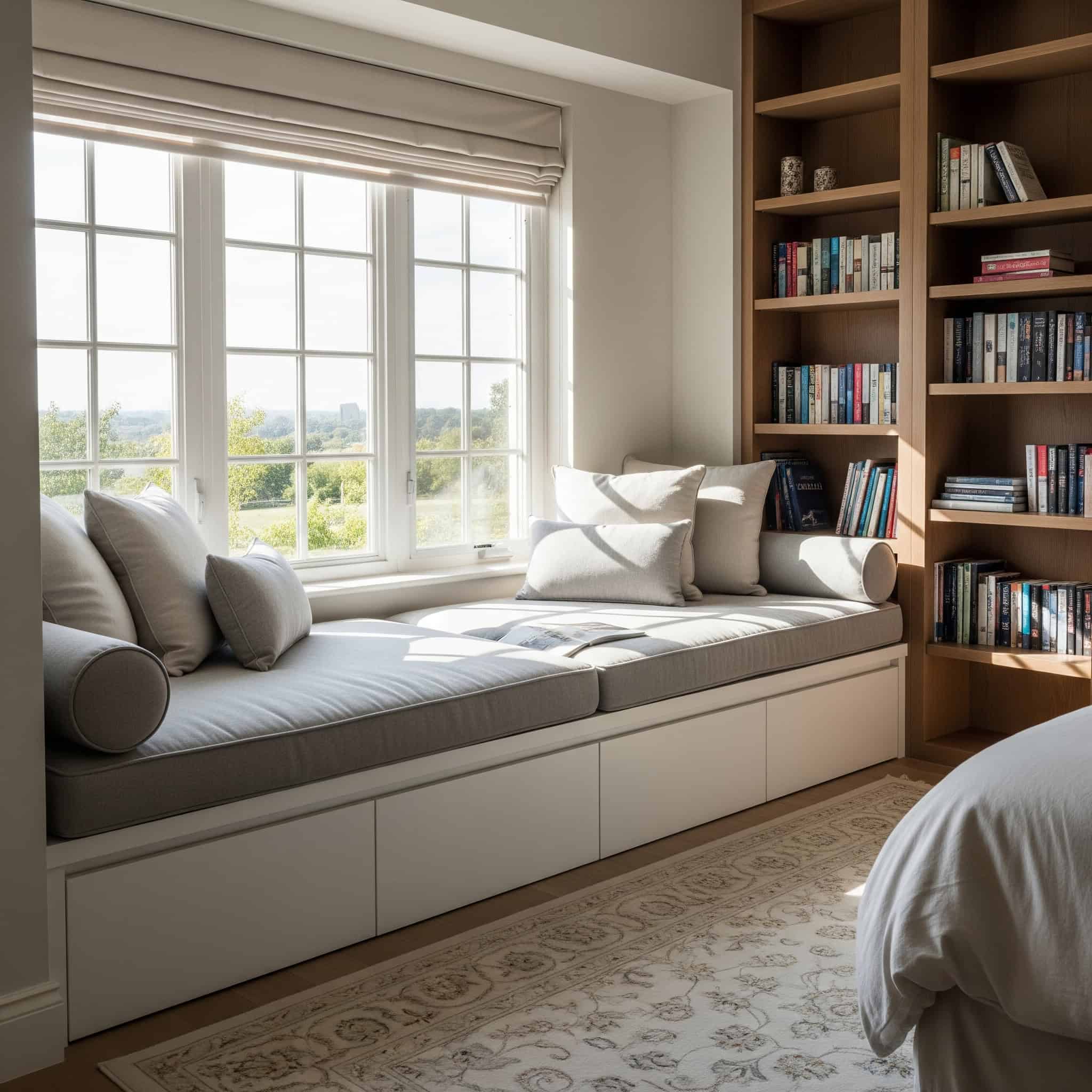 Double-width window seat in a bedroom reading nook