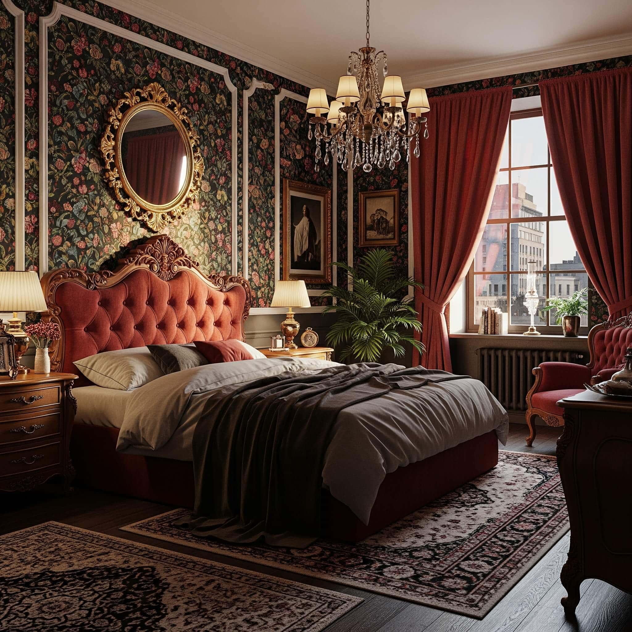 Urban bedroom with Victorian style, ornate details, and rich textures.