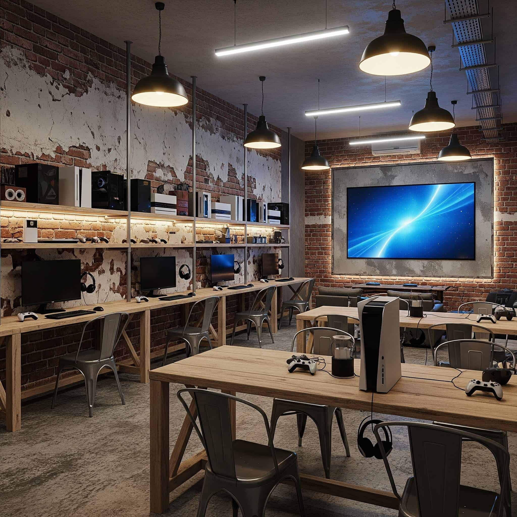Design a gaming space with industrial elements including exposed brick walls, metal fixtures, and raw materials.