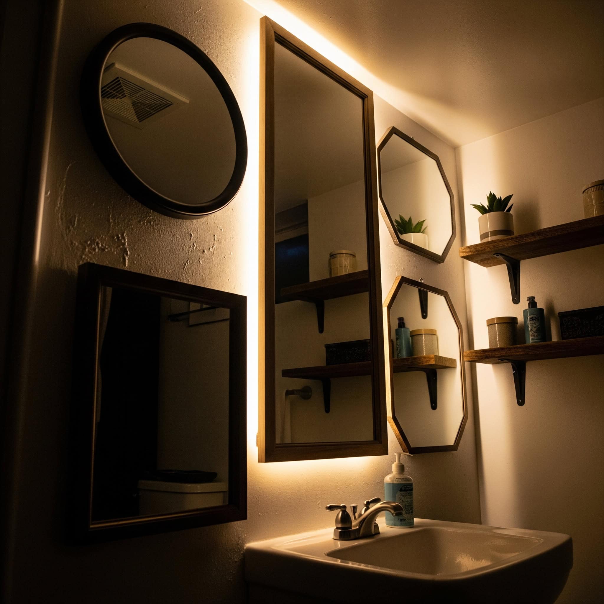 Backlit mirrors in a basement bathroom.