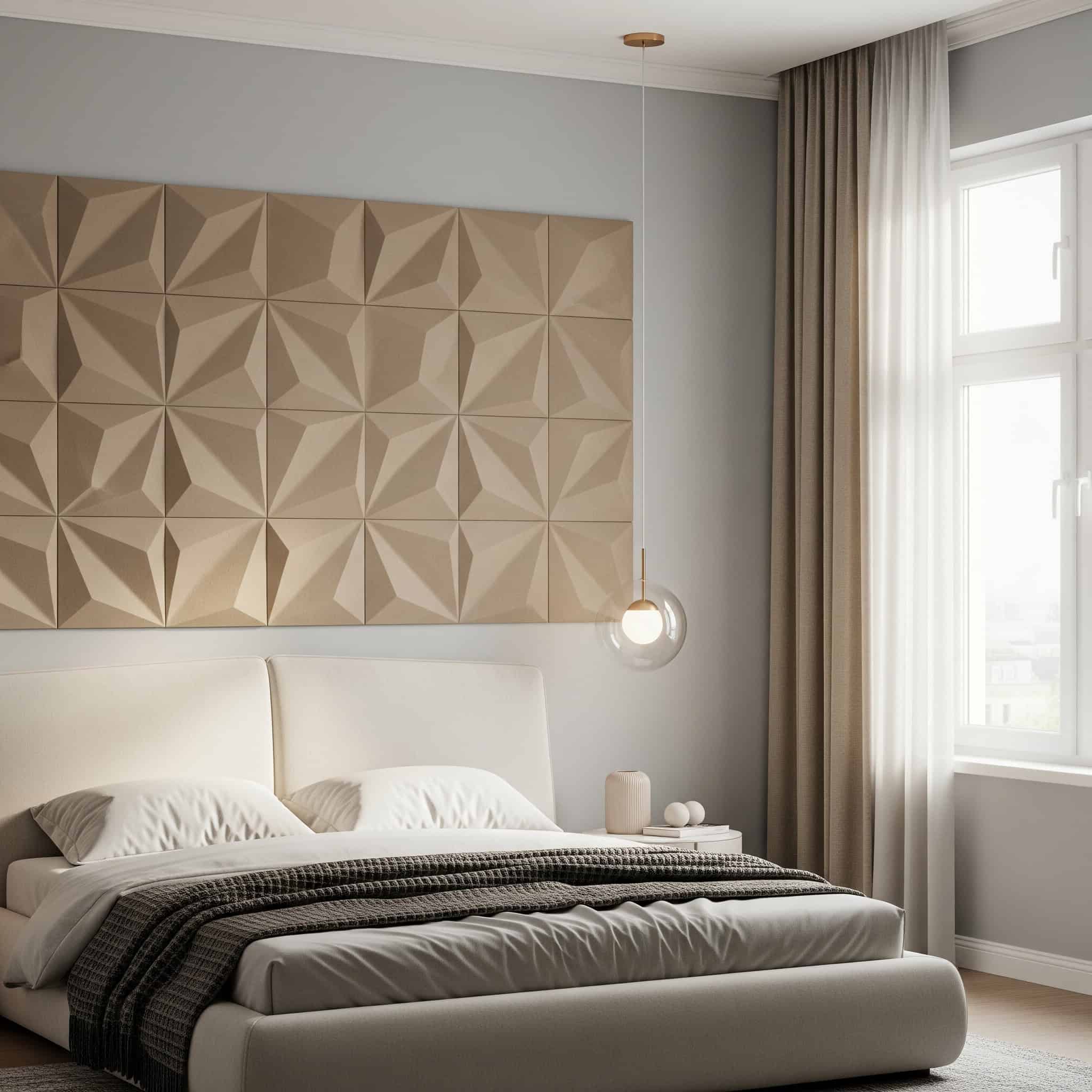 Bedroom with a modern, geometric textured accent wall.