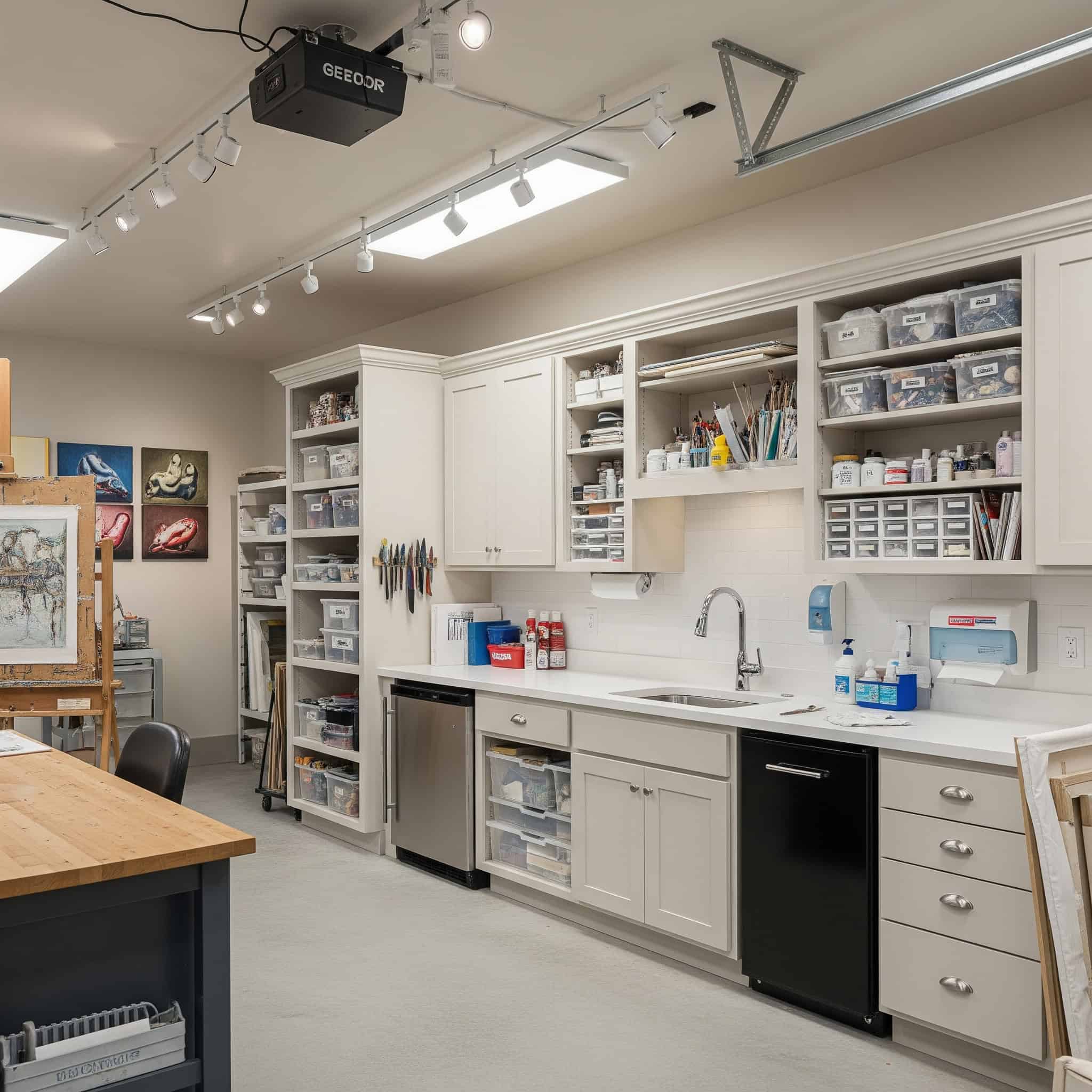 Transform your garage into a dedicated art space with professional-grade lighting, supply storage, and cleanup facilities.