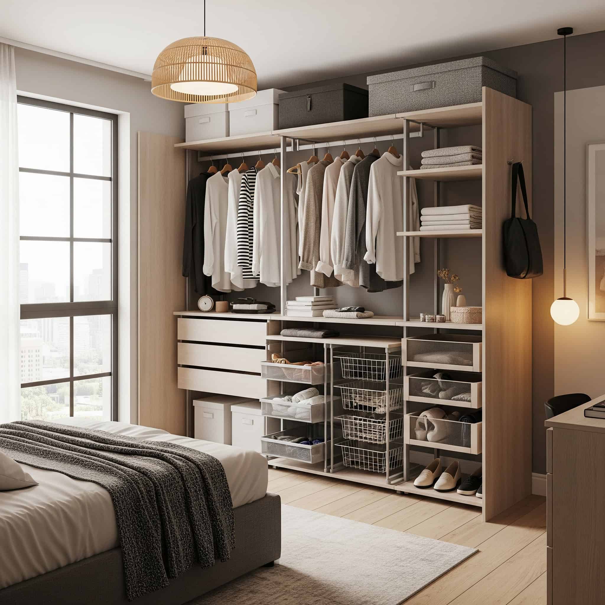 Urban bedroom with modular closet systems, adjustable shelving, pull-out baskets, and specialized compartments.