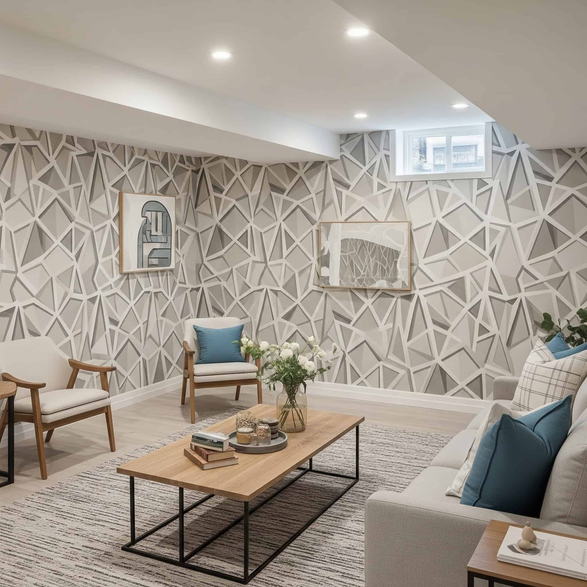 Light-colored geometric patterns brighten your basement while adding visual interest.