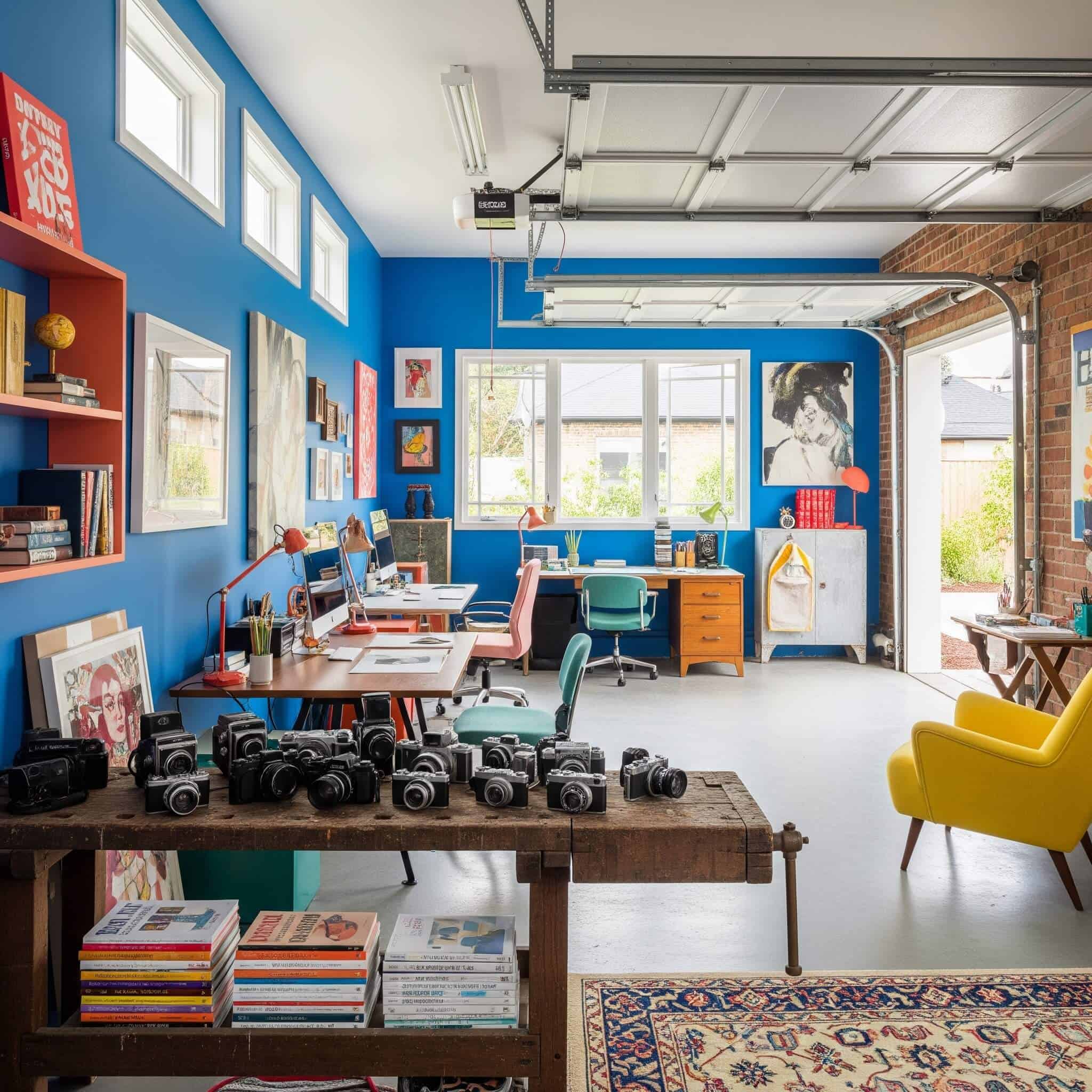 A vibrant and eclectic creative studio within a converted garage office