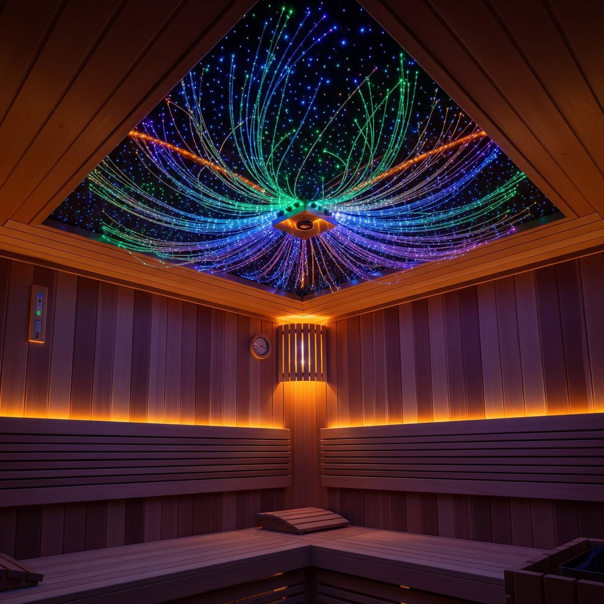Color-changing starlight ceiling in a sauna