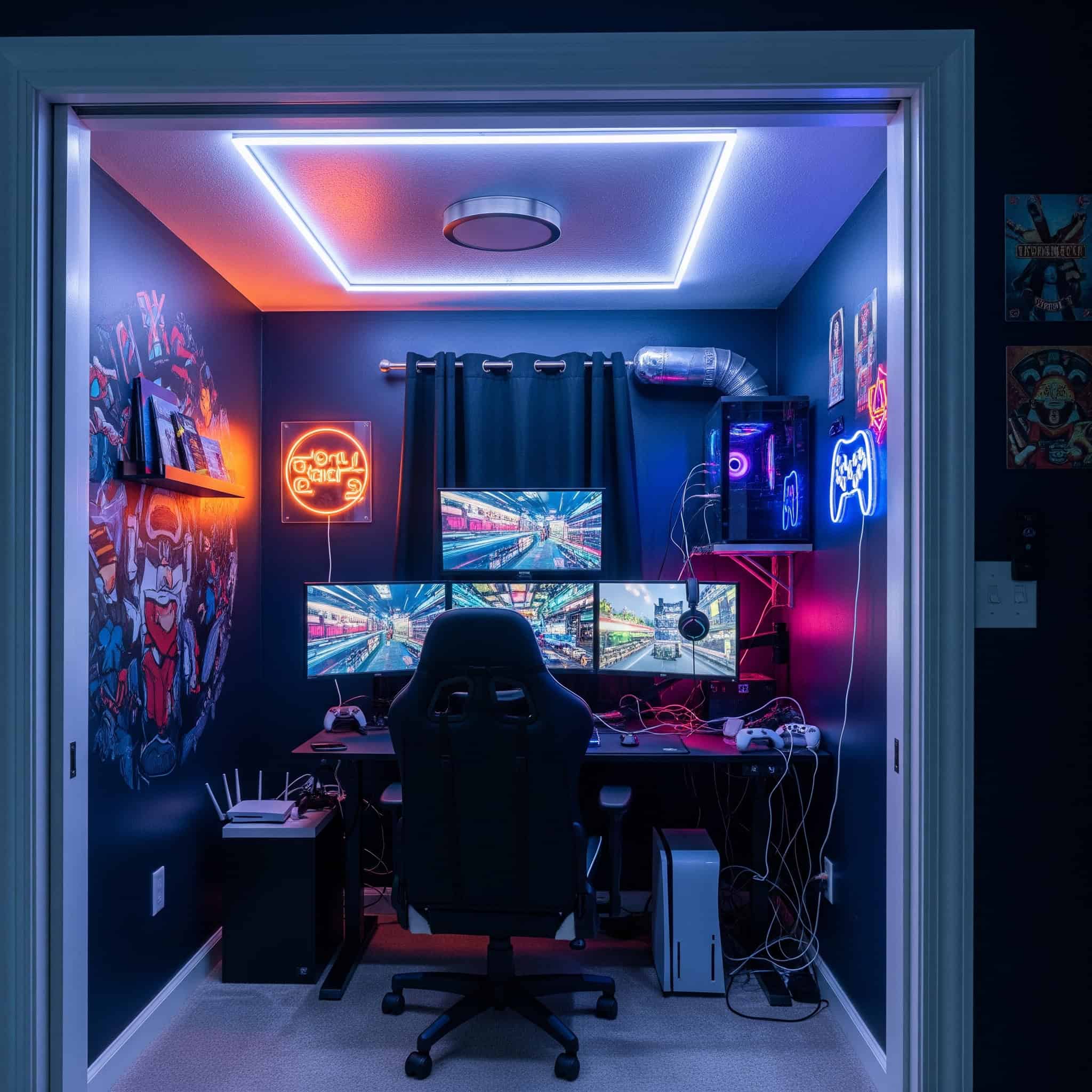 Convert a walk-in or reach-in closet into a dedicated gaming room by removing doors and installing proper lighting, ventilation, and electrical outlets.