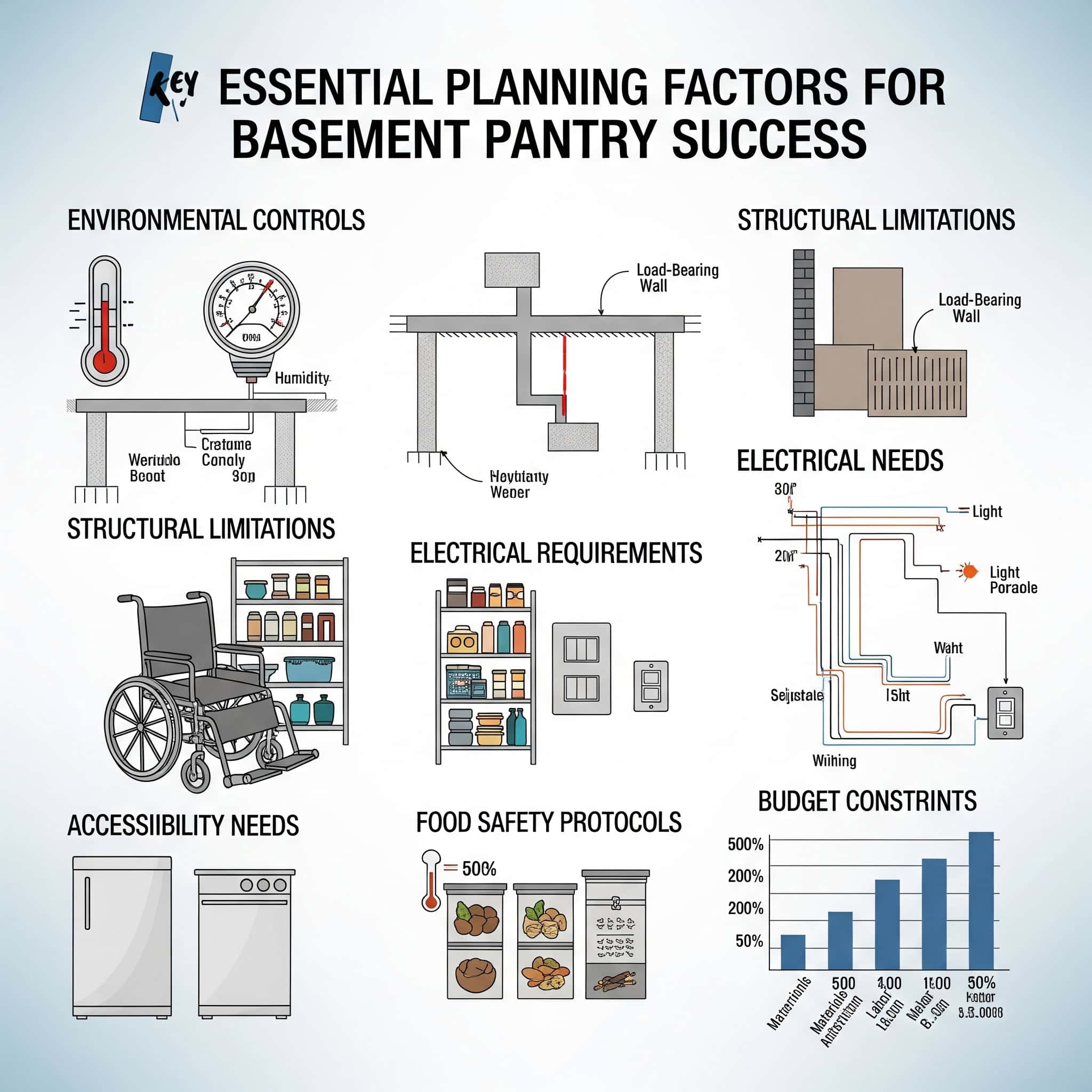  Essential Planning Factors for Basement Pantry Success, environmental controls, structural limitations, accessibility needs, electrical requirements, food safety protocols, and budget constraints.