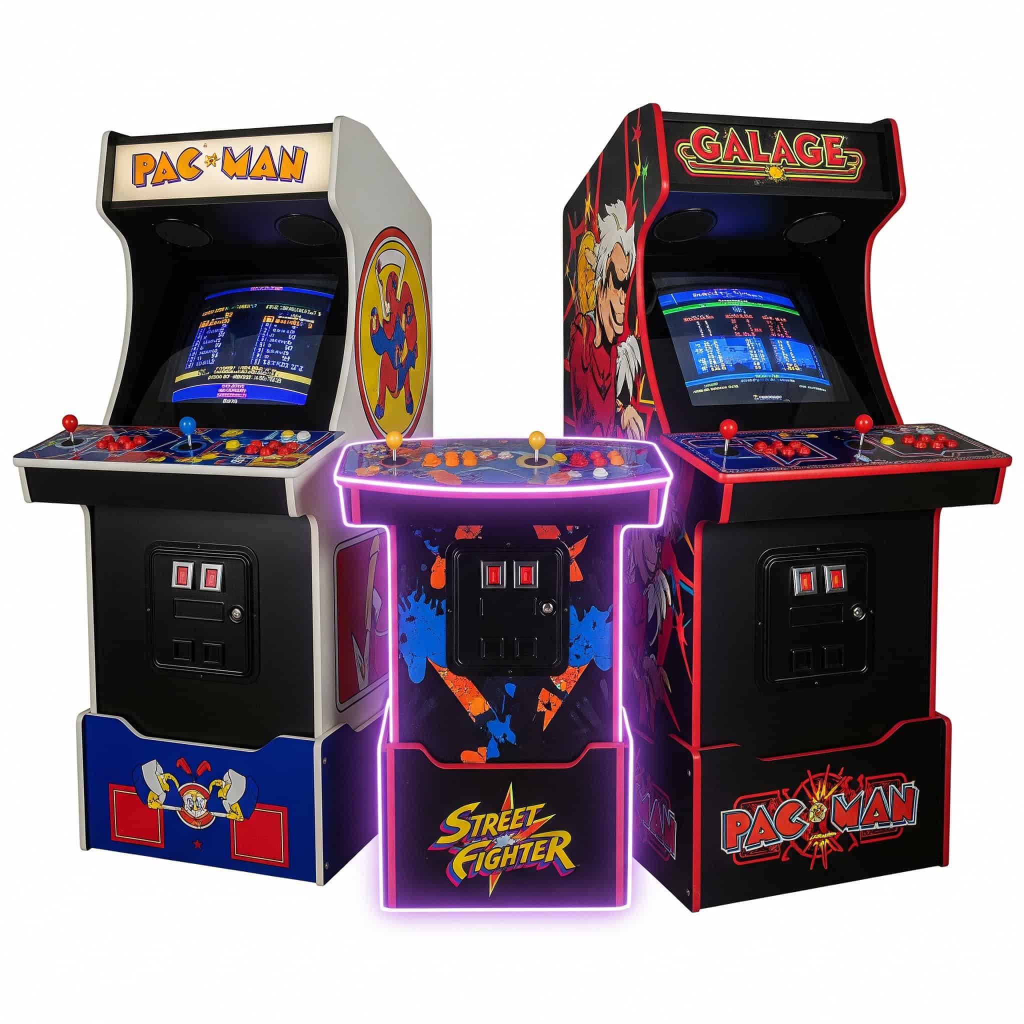 Vintage arcade cabinets (Pac-Man, Galaga, Street Fighter) alongside a multi-game arcade machine with LED strip lighting.